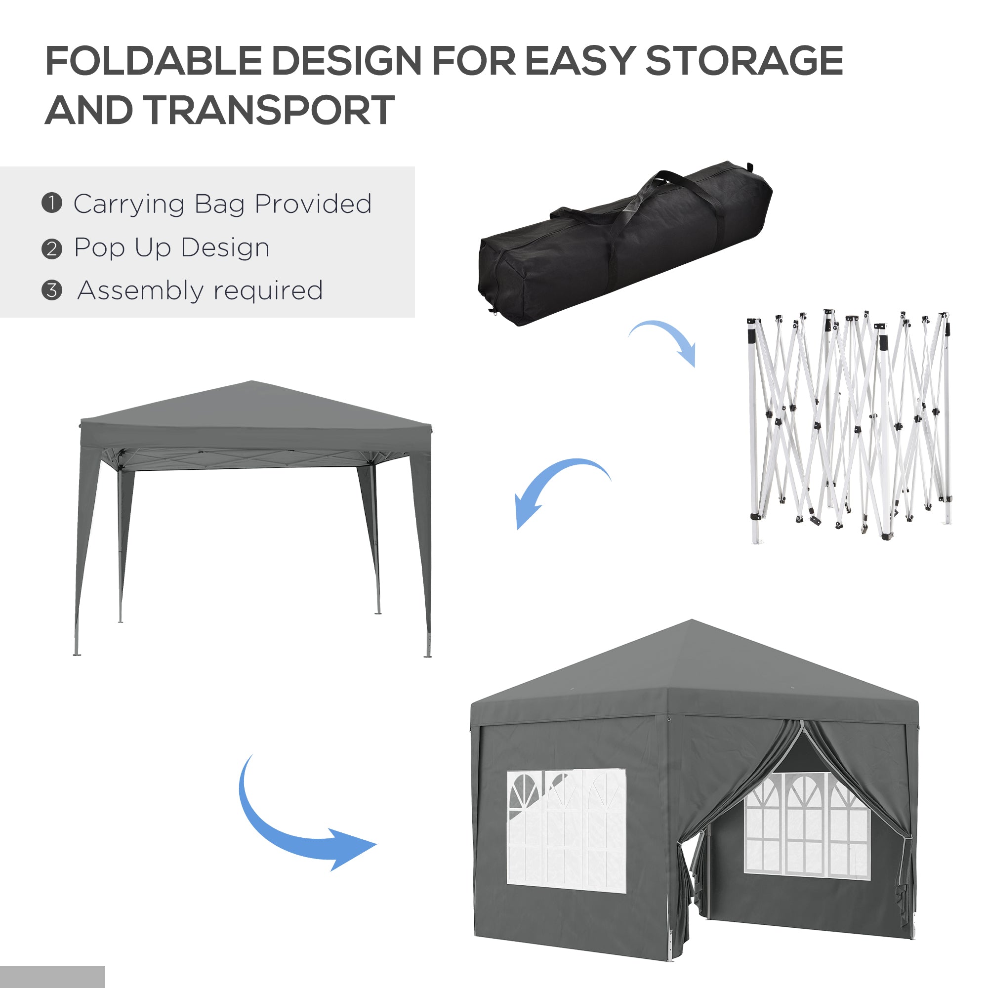 Outsunny 3 x 3 Meters Pop Up Water Resistant Gazebo Wedding Camping Party Tent Canopy Marquee with Carry Bag and 2 Windows, Grey - North Peak Garden Furniture