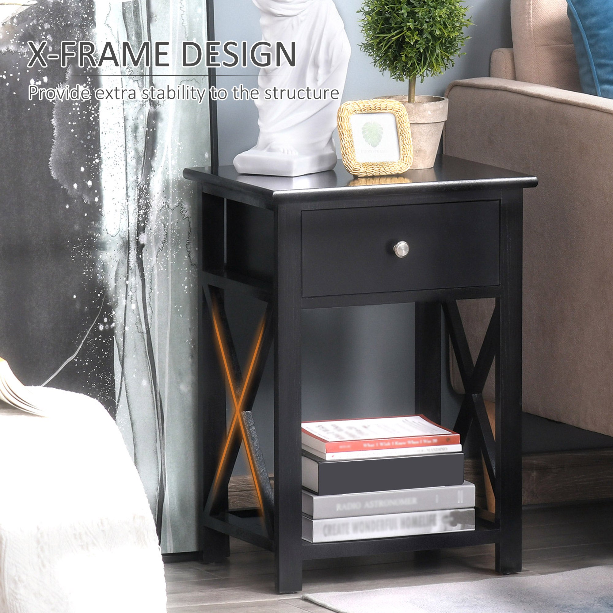 HOMCOM End Table, Sofa Side Table with Drawer X Bar Bottom Storage Shelf, Nightstand Bedside Table for Bedroom or Living Room Black - North Peak Garden Furniture