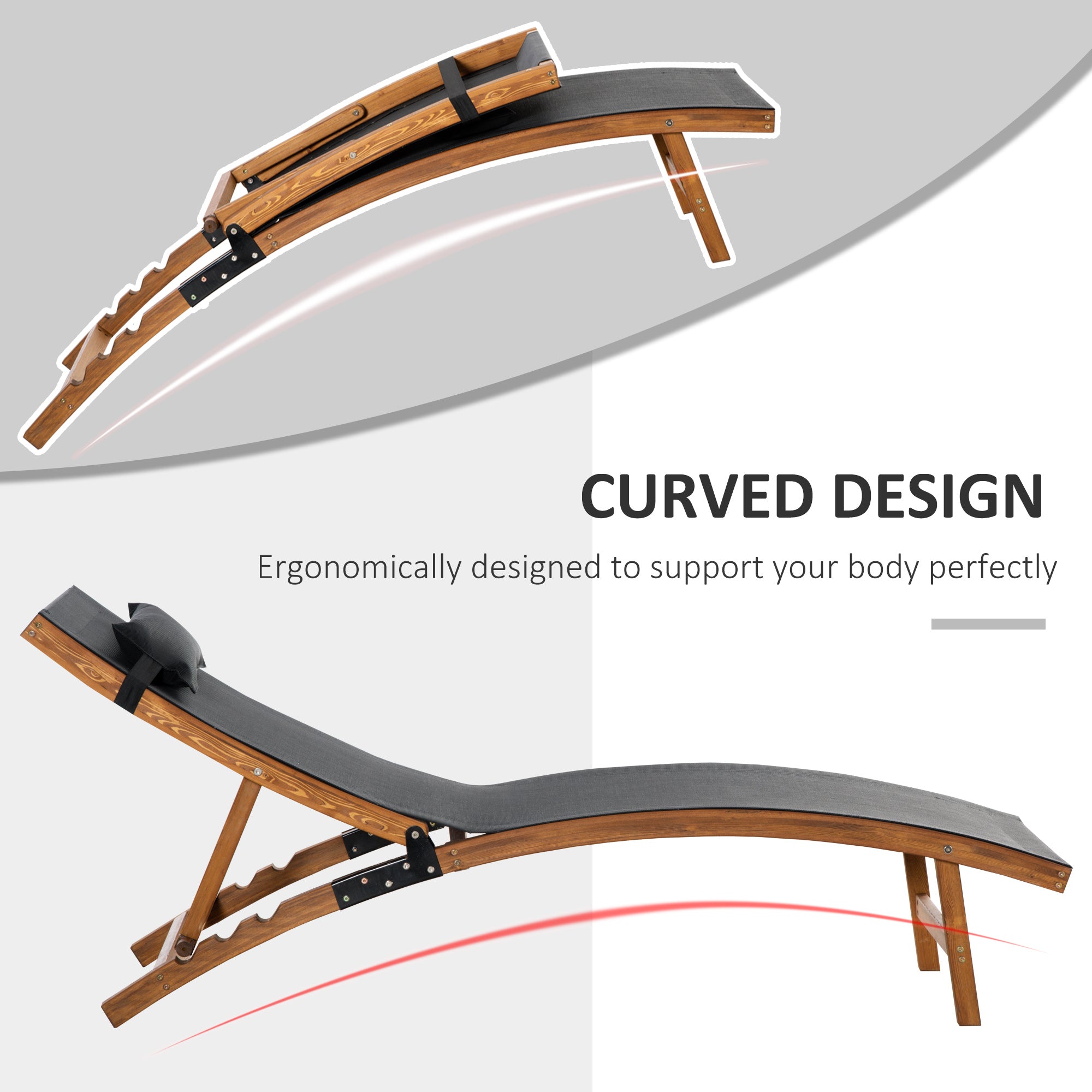 Outsunny Ergonomic Patio Lounge Chair Wooden Outdoor Chaise w/ 3 Adjustable Back and Removable Headrest Pillow for Garden Black - North Peak Garden Furniture