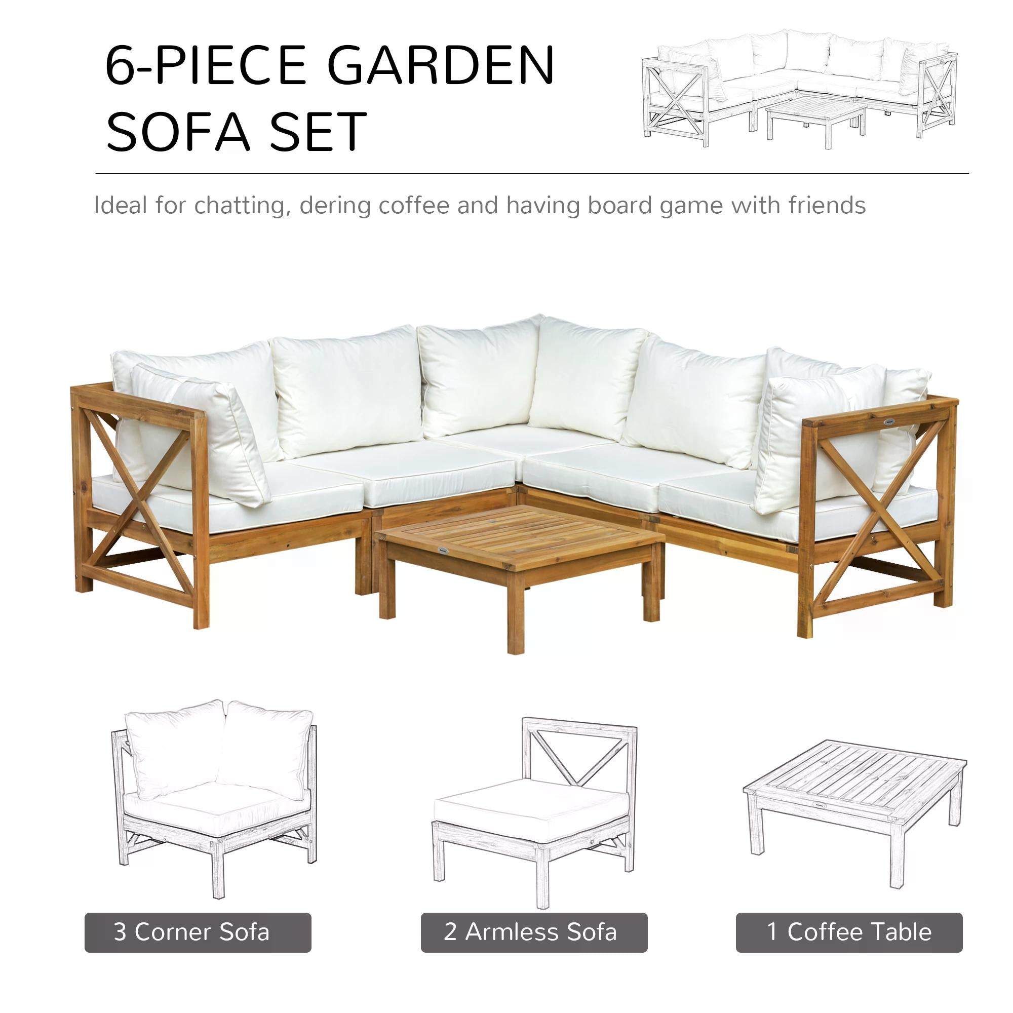 Outsunny 6 PCS Elegant Wood Frame Outdoor Patio Dining Set w/ Cushions Coffee Table Garden Furniture Sofa Comfort Balcony Patio Cream White