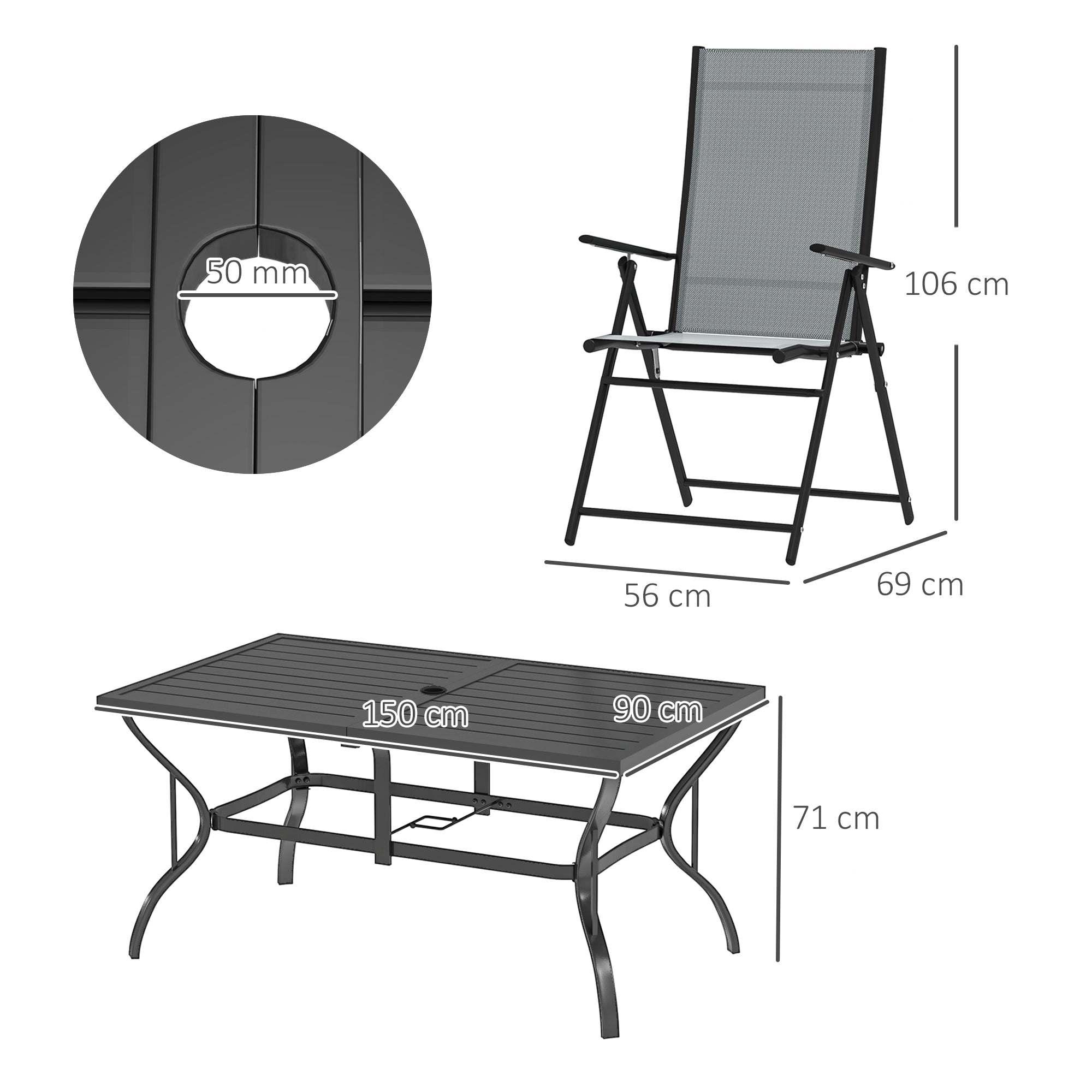 Outsunny Seven-Piece Steel Outdoor Dining Set, with Parasol Hole - Grey