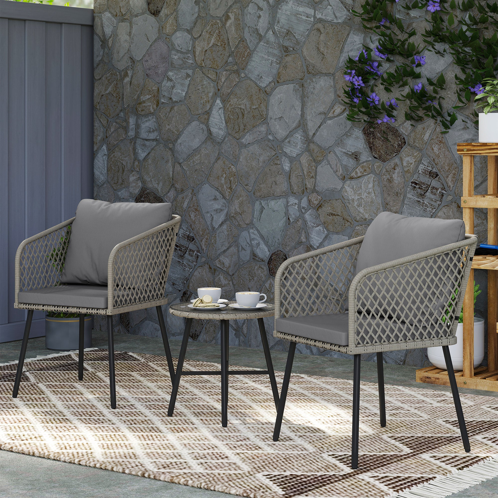Outsunny Three-Piece Cut-Out Rattan Chair and Table Set - Grey - North Peak Garden Furniture