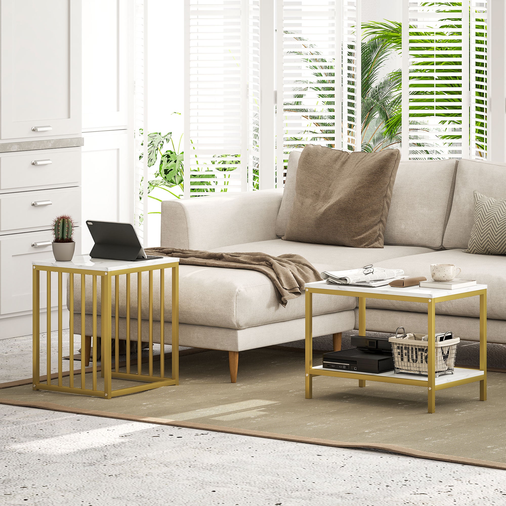 HOMCOM Modern Coffee Table Set of Two, Marble-Effect Nesting Side Tables with Steel Frame for Living Room, Gold Tone - North Peak Garden Furniture
