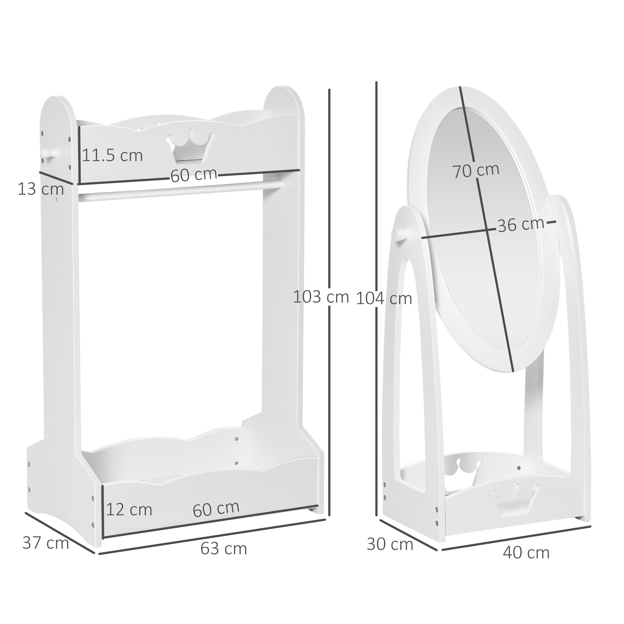 HOMCOM Kids Clothes Rail and Mirror Set 360° Rotation Free Standing Full Length Mirror and Hanging Rack with Storage Shelves Child's Dressing Mirror Garment Wardrobe White