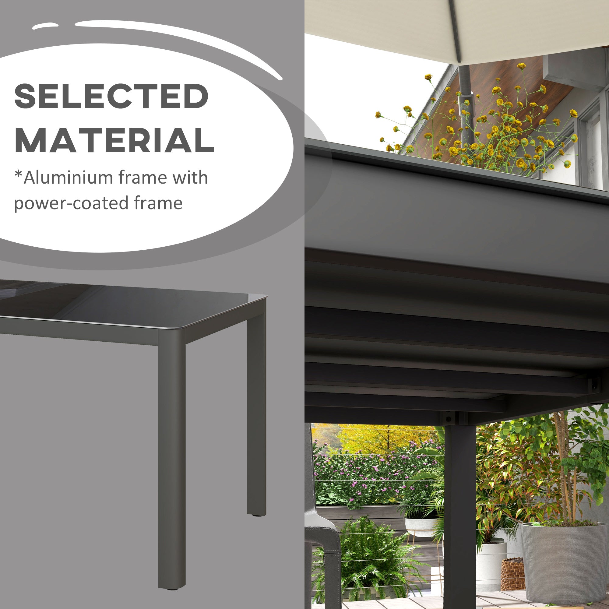 Outsunny 150cm x 88cm Aluminium Table, with Glass Tabletop - Grey - North Peak Garden Furniture