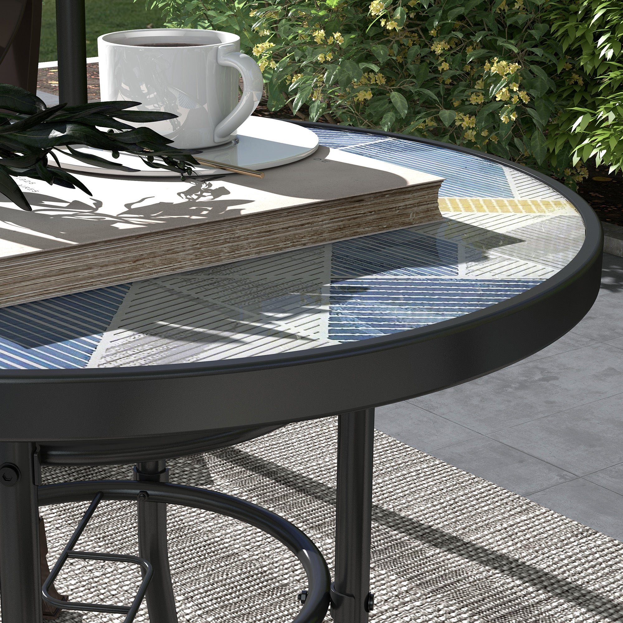 Outsunny Garden Table with Tempered Glass Top, Printed Design, Steel Frame, for Porch, Multicolour | Aosom UK