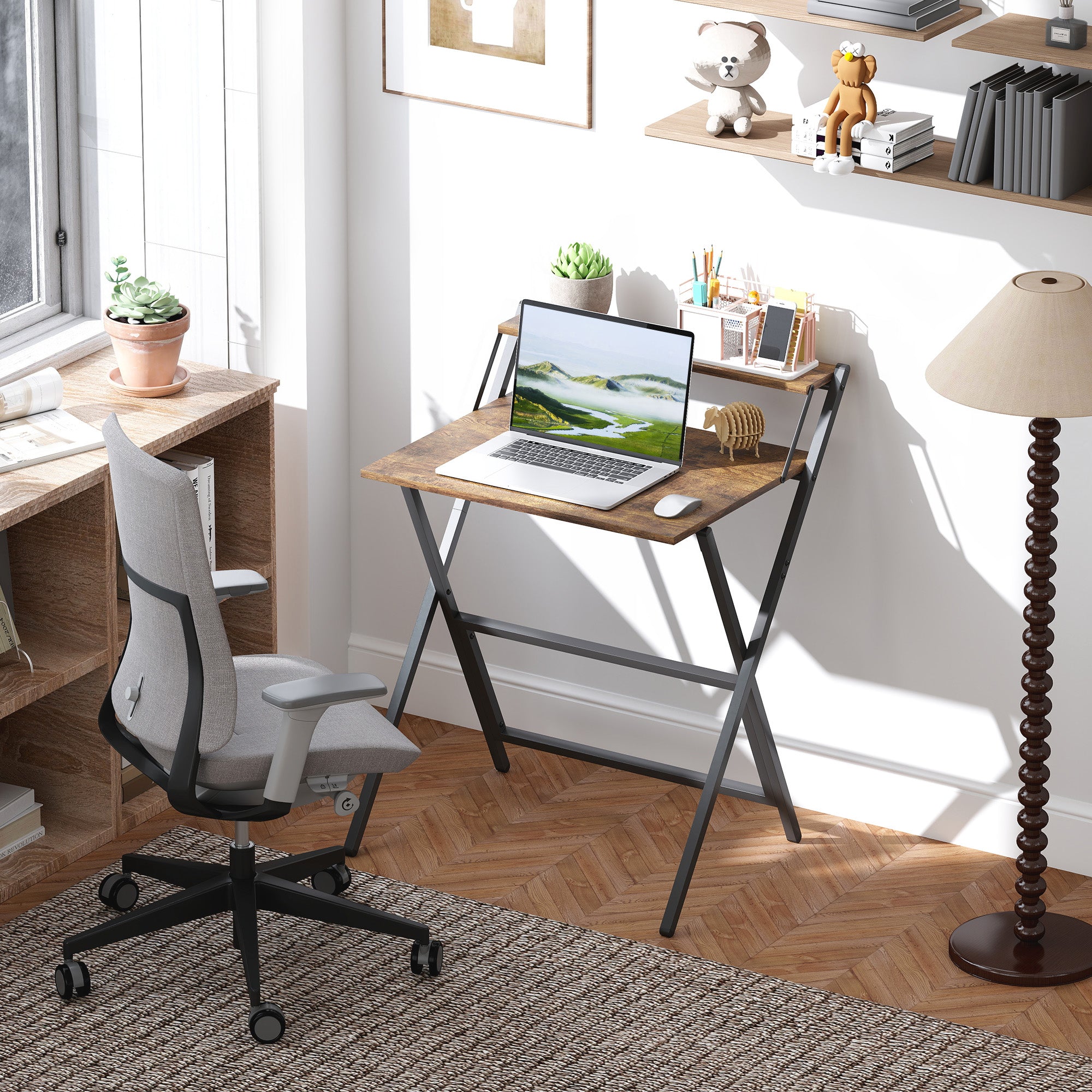 HOMCOM 70 cm Folding Computer Desk with Monitor Shelf - Rustic Brown - North Peak Garden Furniture