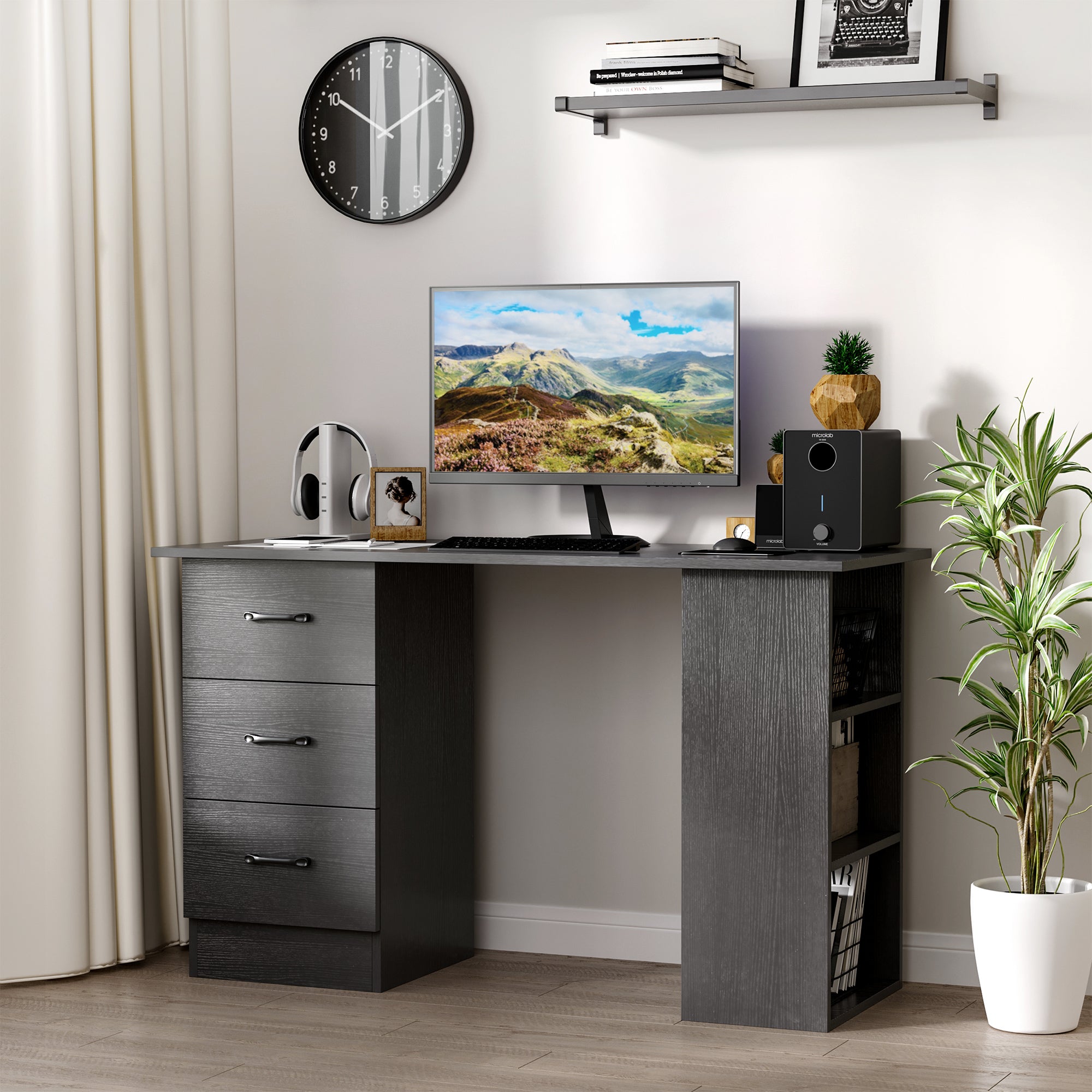 HOMCOM Computer Desk, Writing Table, PC Workstation with 3 Storage Shelves and Drawers, Black Handle, for Home Office, Black - North Peak Garden Furniture