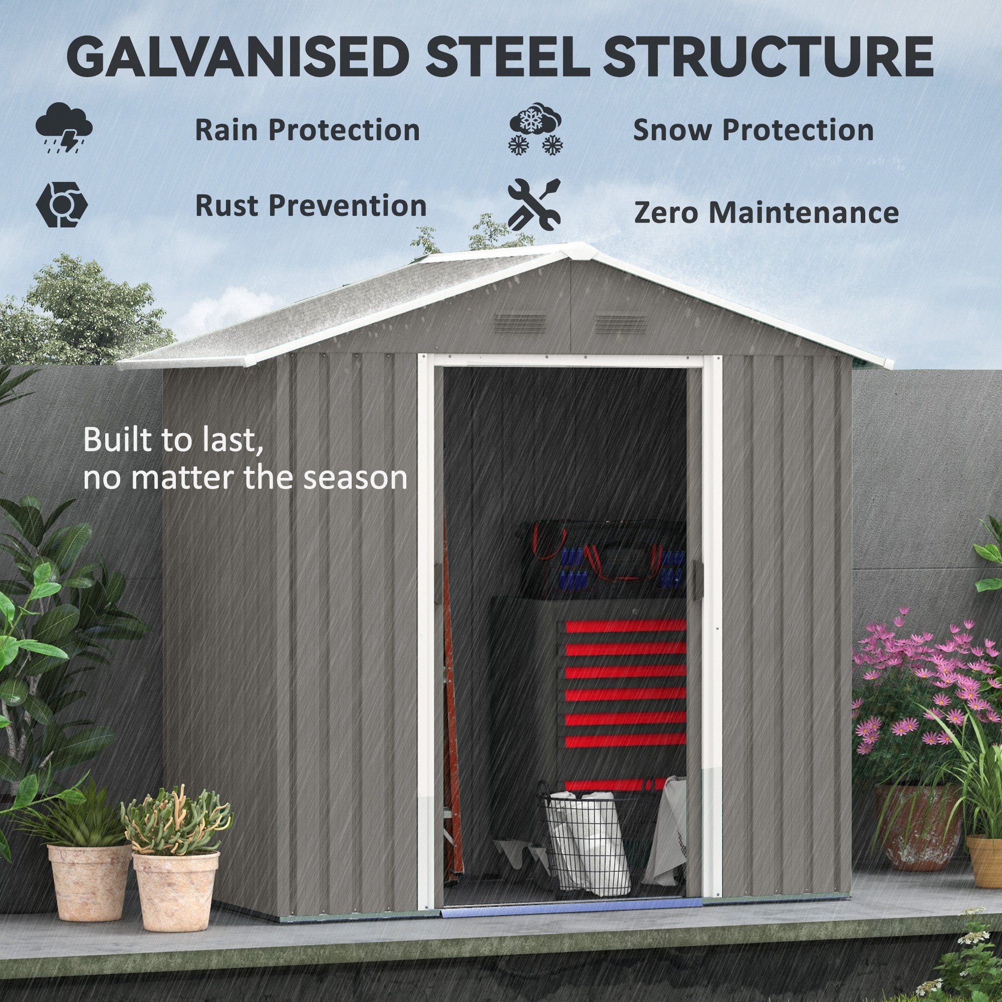 Outsunny 6.5ft x 3.5ft Metal Garden Storage Shed for Outdoor Tool Storage with Double Sliding Doors and 4 Vents, Grey - North Peak Garden Furniture