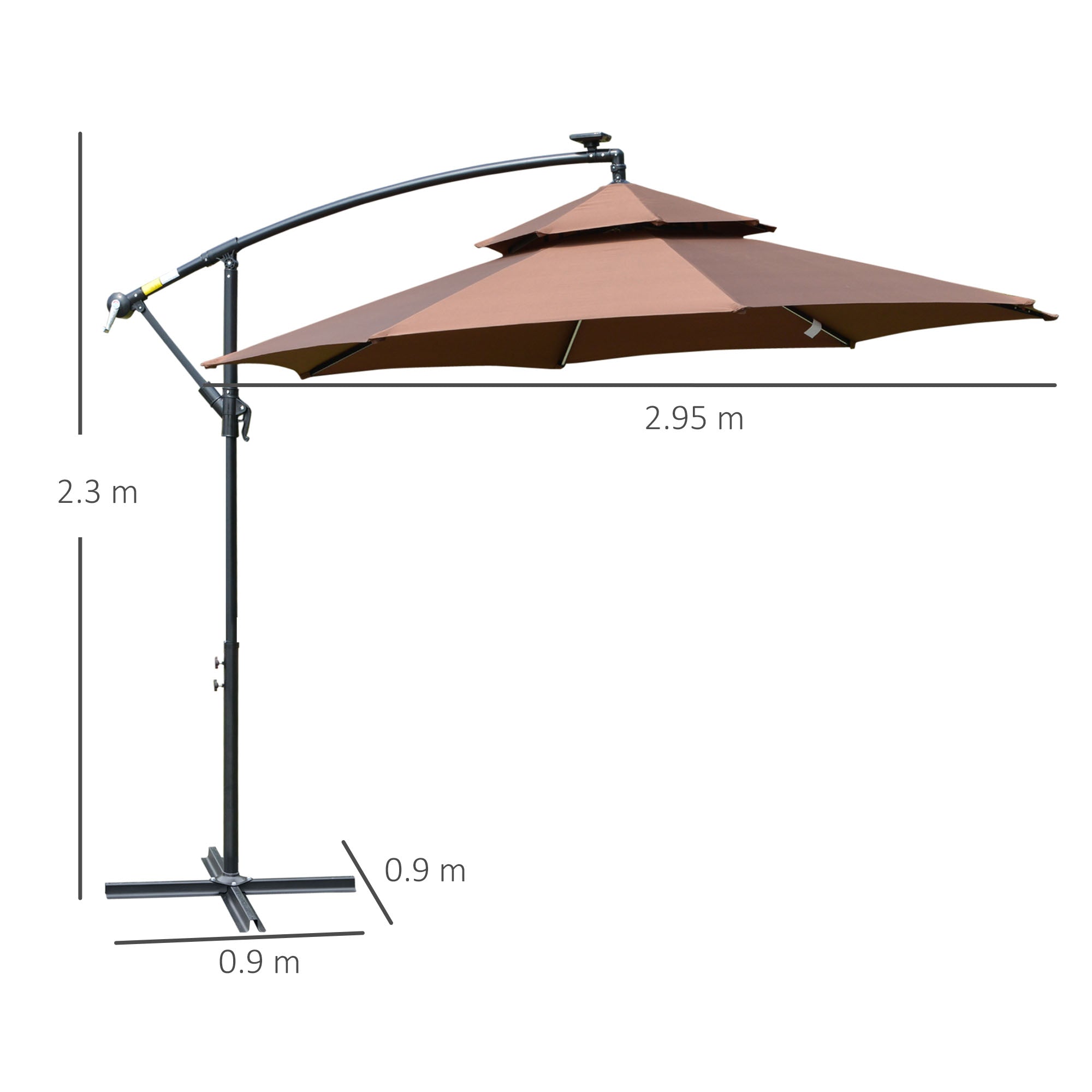 Outsunny 3(m) Cantilever Banana Parasol Hanging Umbrella with Double Roof, LED Solar lights, Crank, 8 Sturdy Ribs and Cross Base for Outdoor, Garden, Patio, Coffee