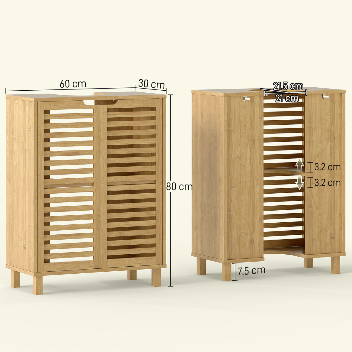 HOMCOM Under Sink Bathroom Cabinet, Freestanding Under Sink Cabinet with Louvered Doors and Adjustable Shelf, Natural