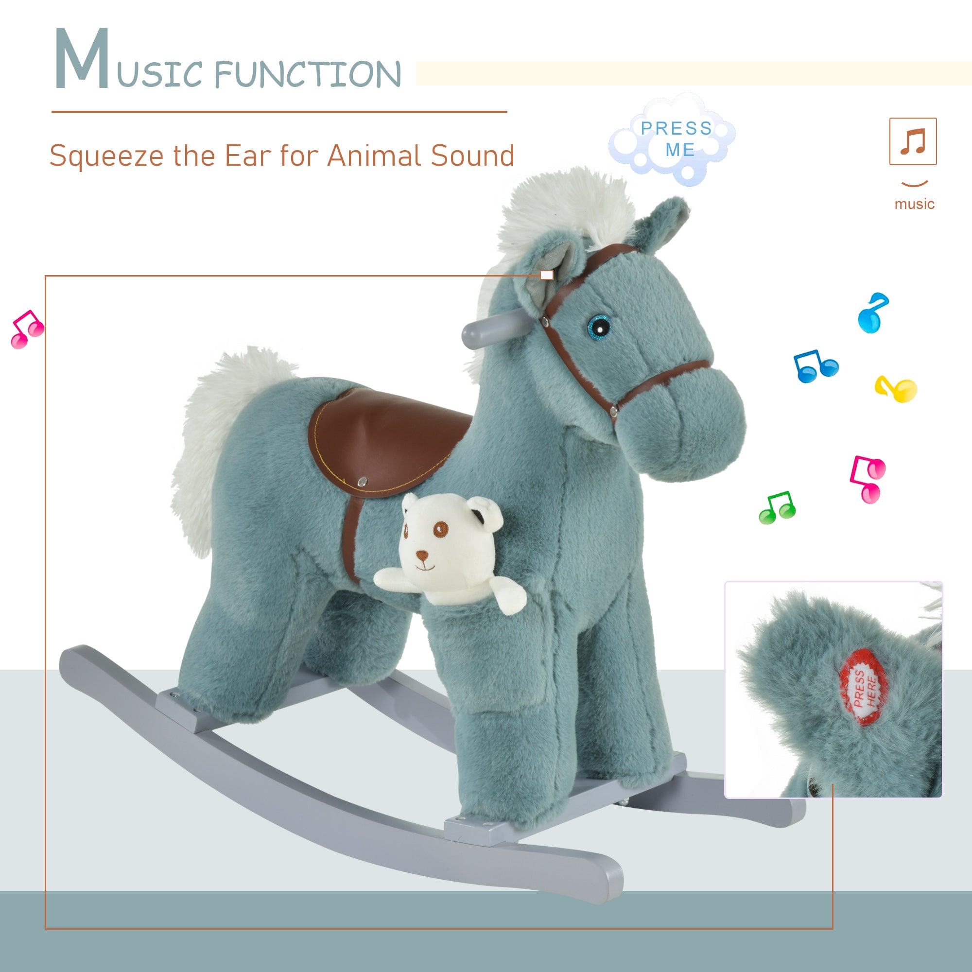 HOMCOM Kids Plush Ride-On Rocking Horse Toy Rocker with Plush Toy Realistic Sounds for Child 18-36 Months Blue - North Peak Garden Furniture