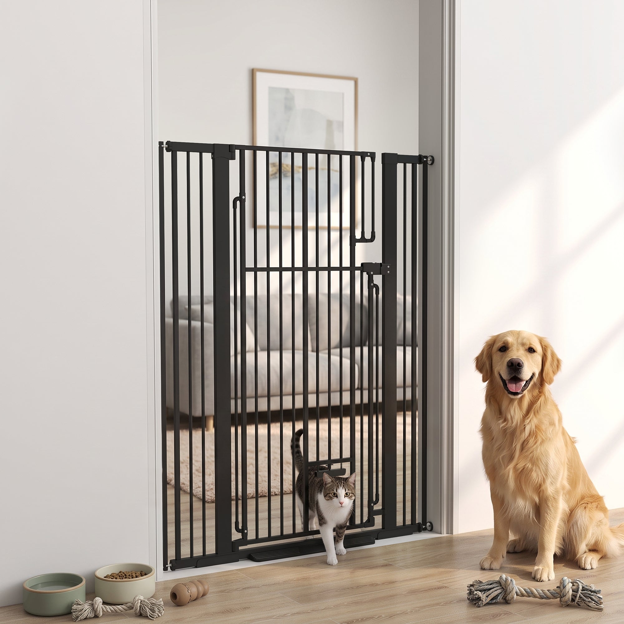 PawHut 135cm Extra Tall Dog Gate with Cat Door, Fits Openings 81-108 cm Pressure Mounted for Doorways, Hallways, No Drilling