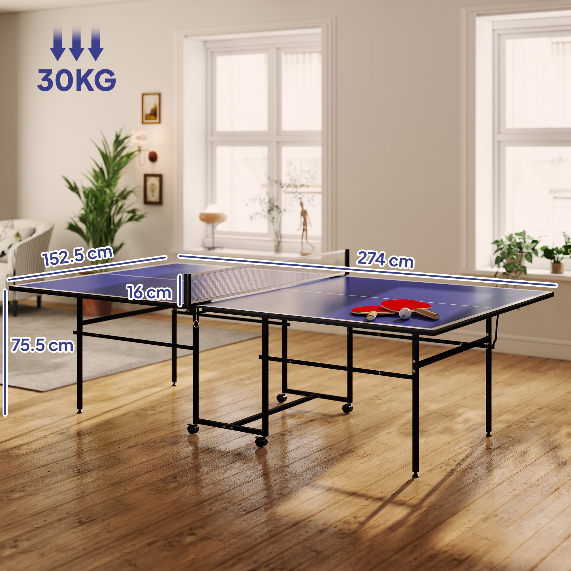SPORTNOW 9FT Folding Table Tennis Table with 4 Wheels, for Indoor Use, Blue