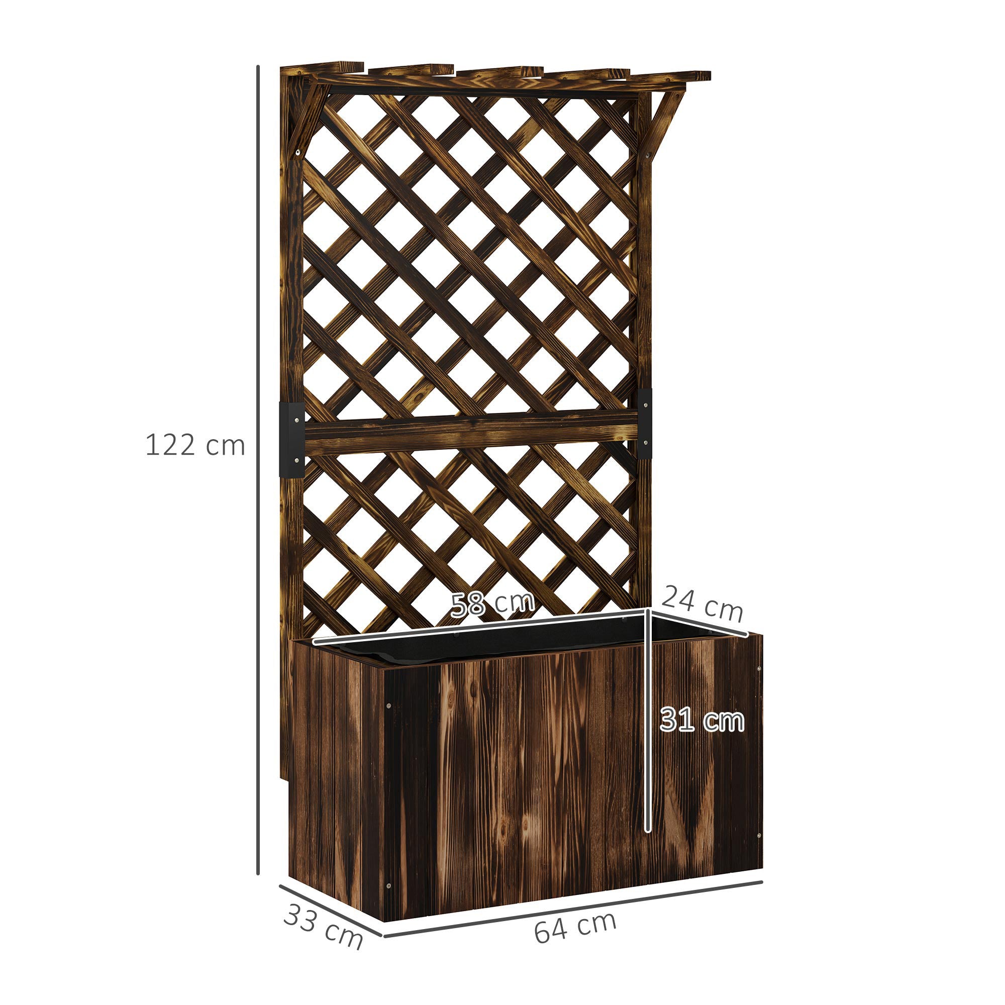 Outsunny Wooden Planter with Trellis, Freestanding Raised Garden Bed with Drainage Holes, Outdoor Planter Box with Liner for Vegetables, Herbs and Flowers, Carbonised - North Peak Garden Furniture