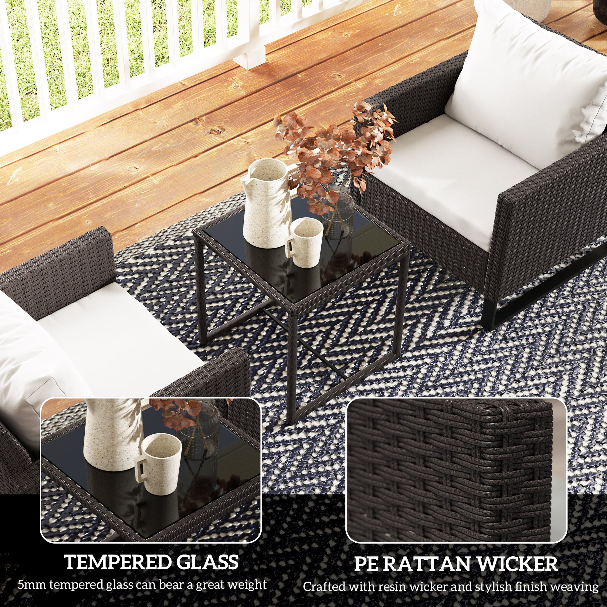 Outsunny 3 Pieces Rattan Bistro Set with 4 Cushions, Wicker Garden Furniture Set, Glass Top Coffee Table and Chairs for Outdoor Patio, Balcony, Terrace and Conservatory, Brown - North Peak Garden Furniture
