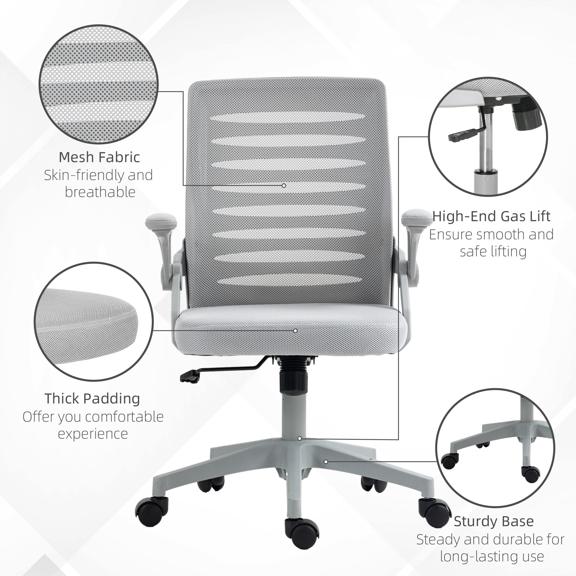 Vinsetto 44-53.5cm Adjustable Height Work Chair, with Mesh Back - Grey - North Peak Garden Furniture