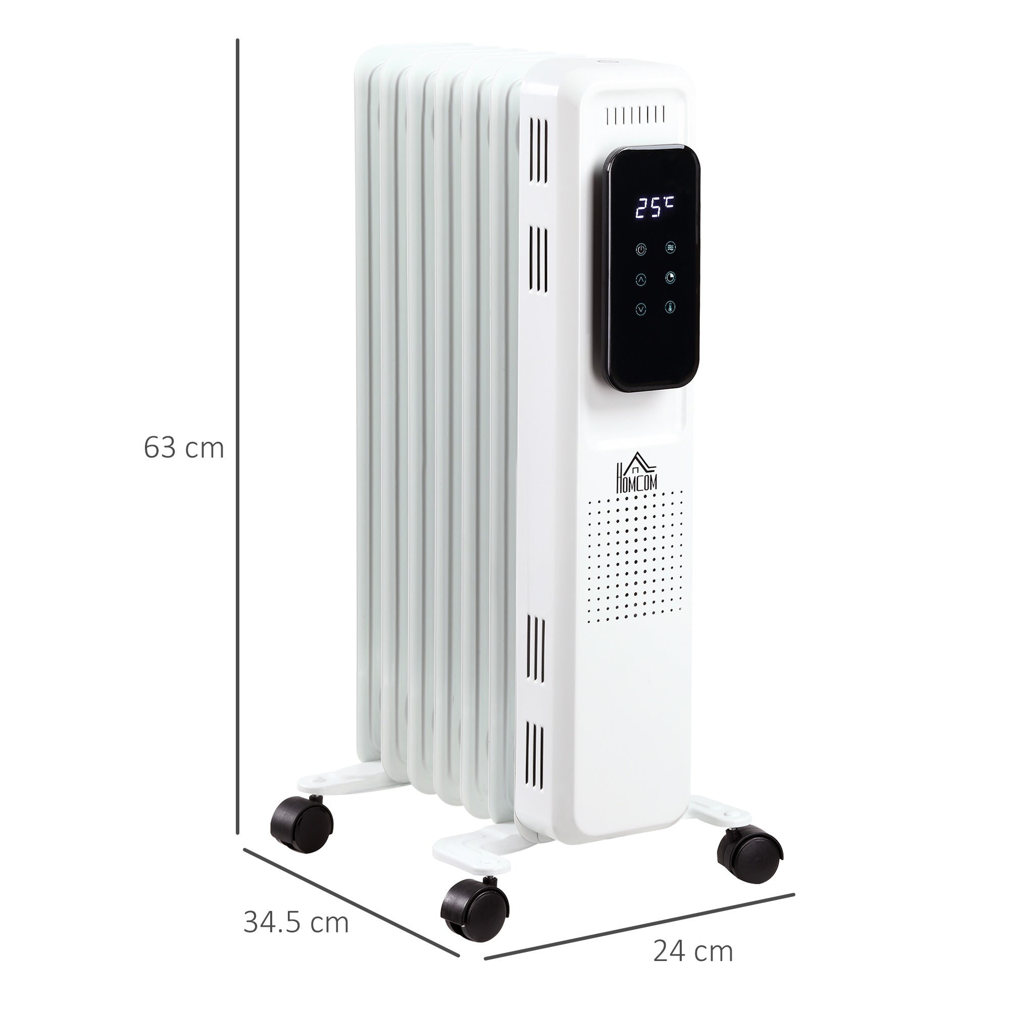 HOMCOM 1500W Oil Filled Radiator, 7 Fin Portable Electric Heater with LED Display, 24H Timer, 3 Heat Settings, Adjustable Thermostat, Safety Cut off, Remote Control, White - North Peak Garden Furniture