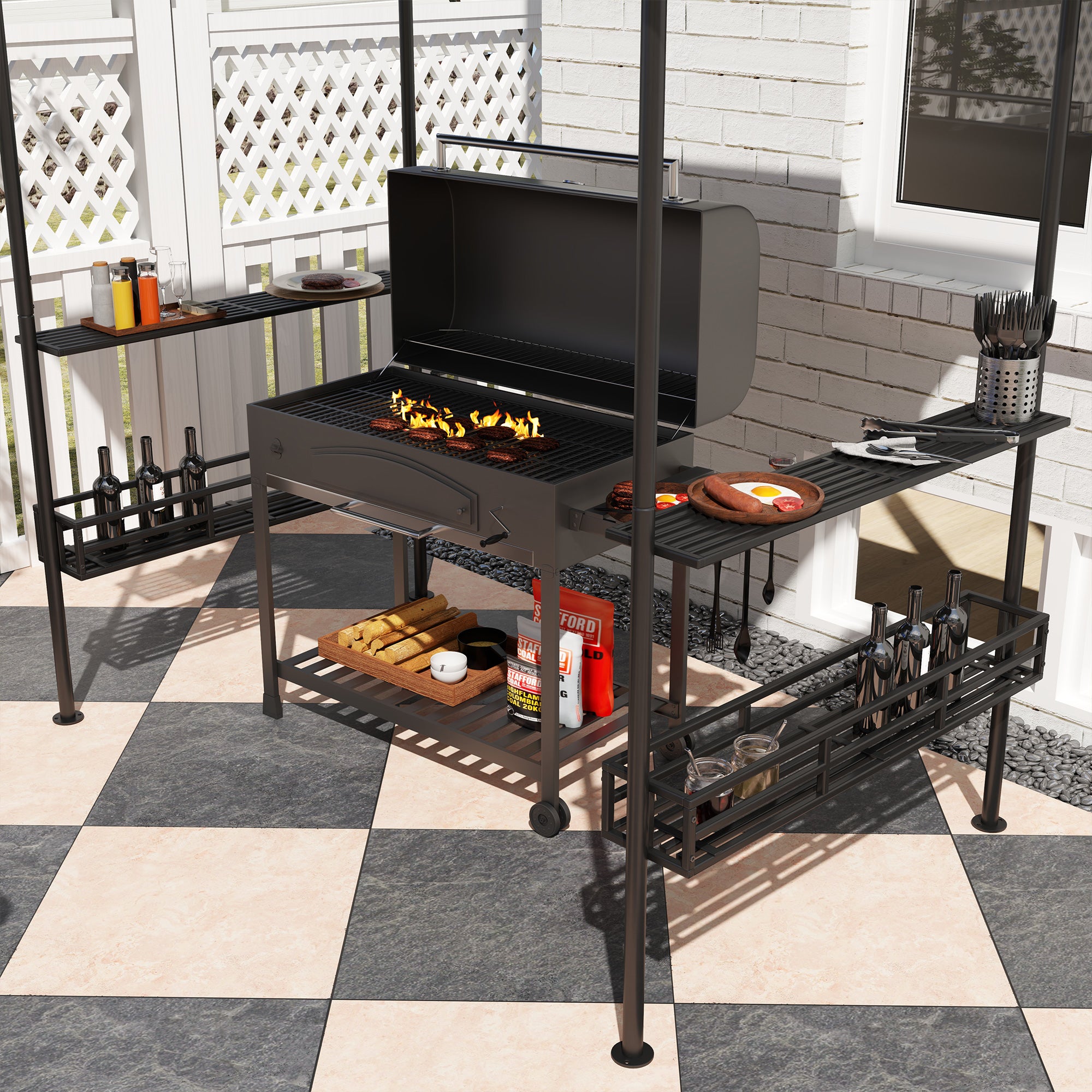 Outsunny 150 x 240cm BBQ Grill Gazebo, with Shelves - Grey - North Peak Garden Furniture