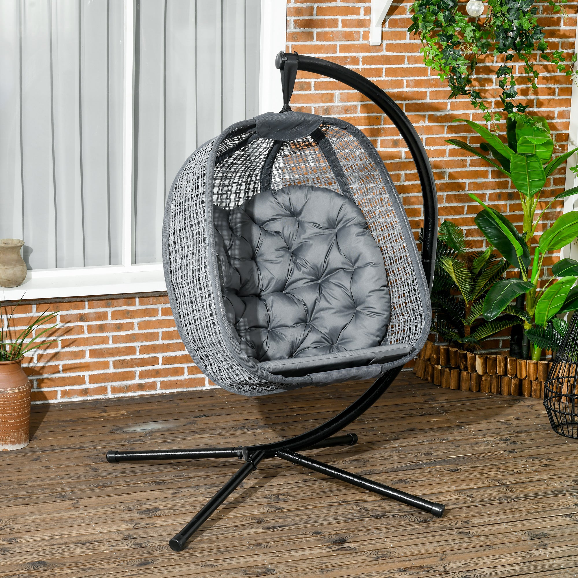 Outsunny Outdoor Swing Chair with Thick Padded Cushion, Patio Hanging Chair with Metal Stand, Egg Chair with Foldable Basket, Cup Holder, for Indoor and Outdoor, Dark Grey