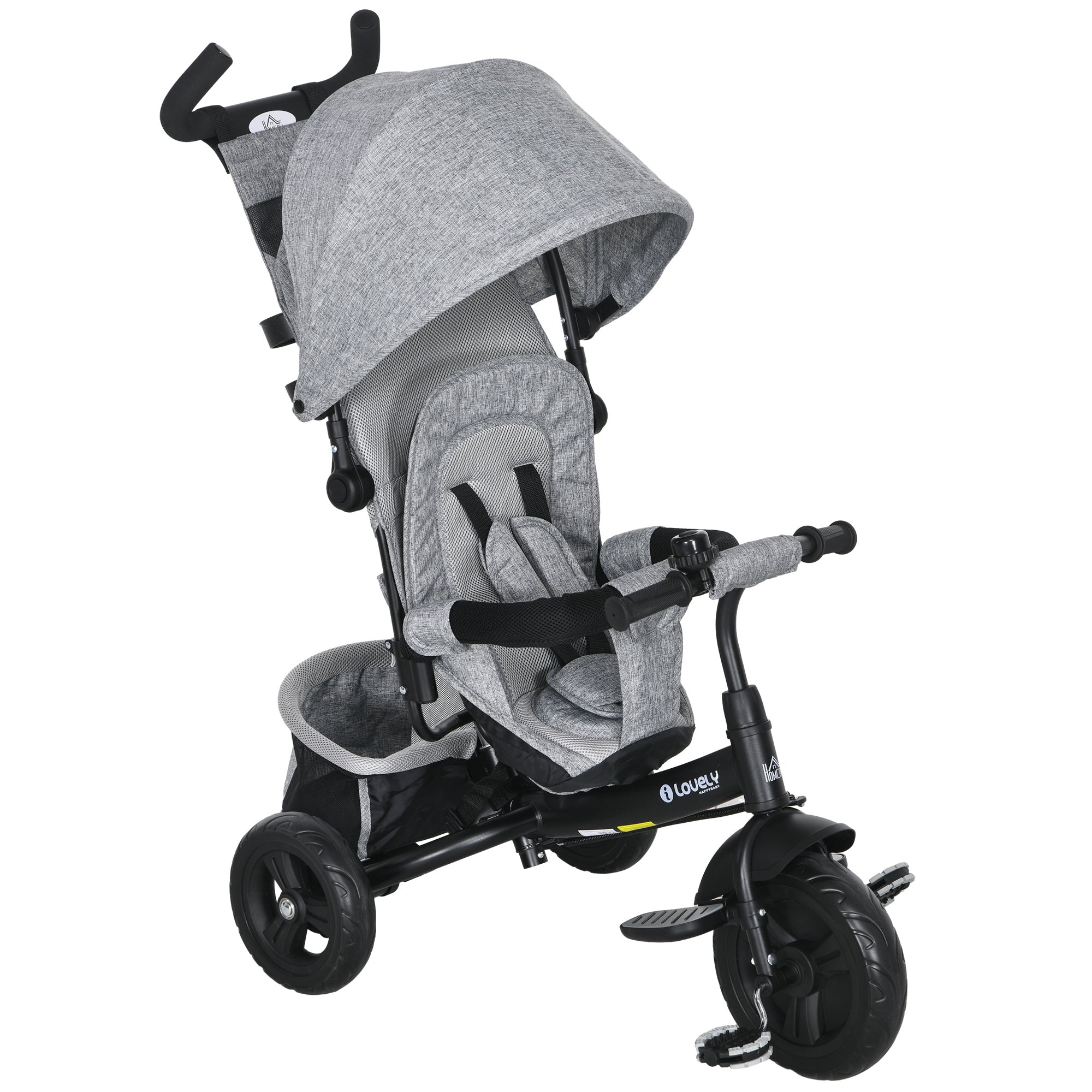 HOMCOM 6 in 1 Kids Trike Push Bike w/ Push Handle, Canopy, 5-point Safety Belt, Storage, Footrest, Brake, for 1-5 Years, Grey - North Peak Garden Furniture