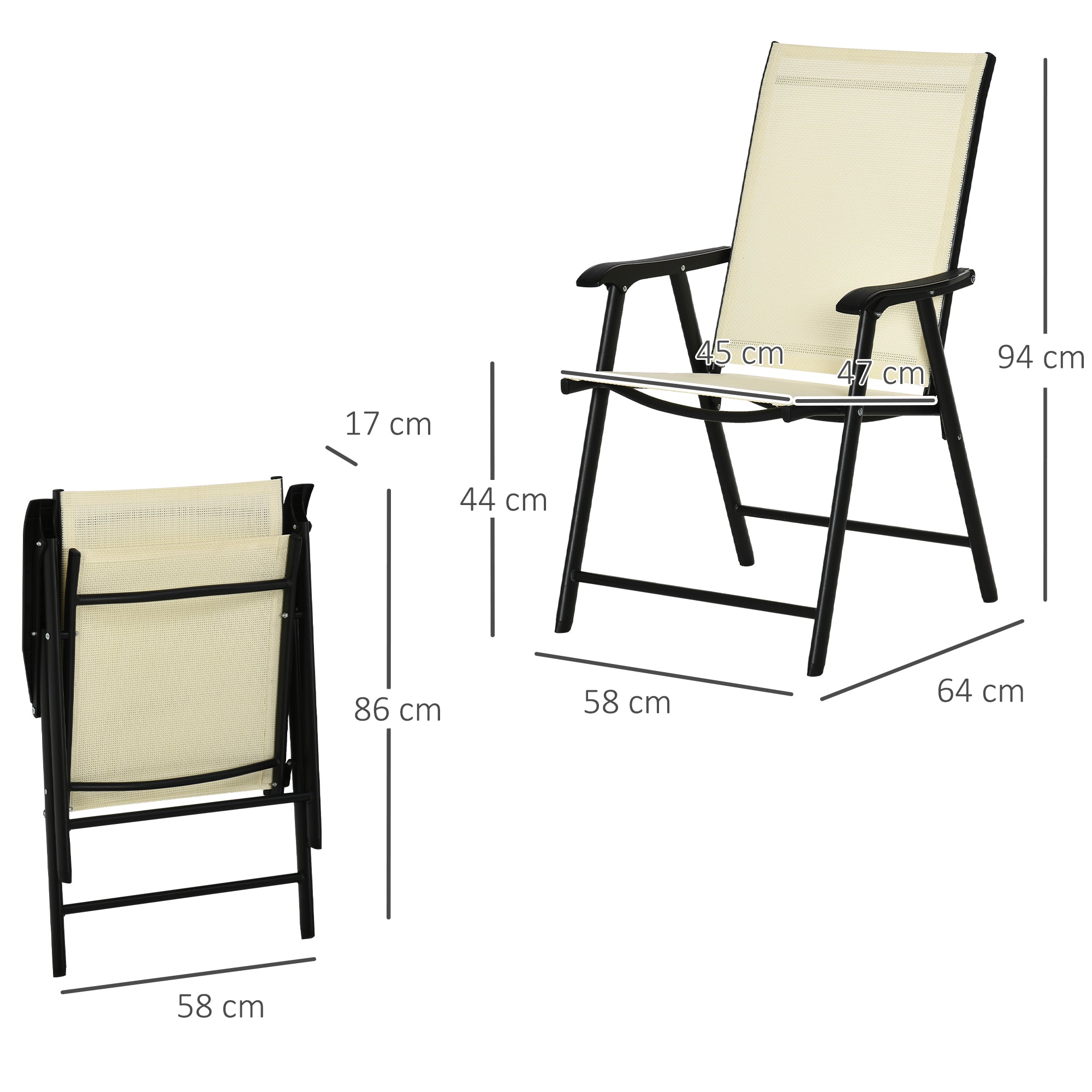 Outsunny Set of 2 Folding Garden Chairs, Metal Frame Garden Chairs Outdoor Patio Park Dining Seat with Breathable Mesh Seat, Beige - North Peak Garden Furniture