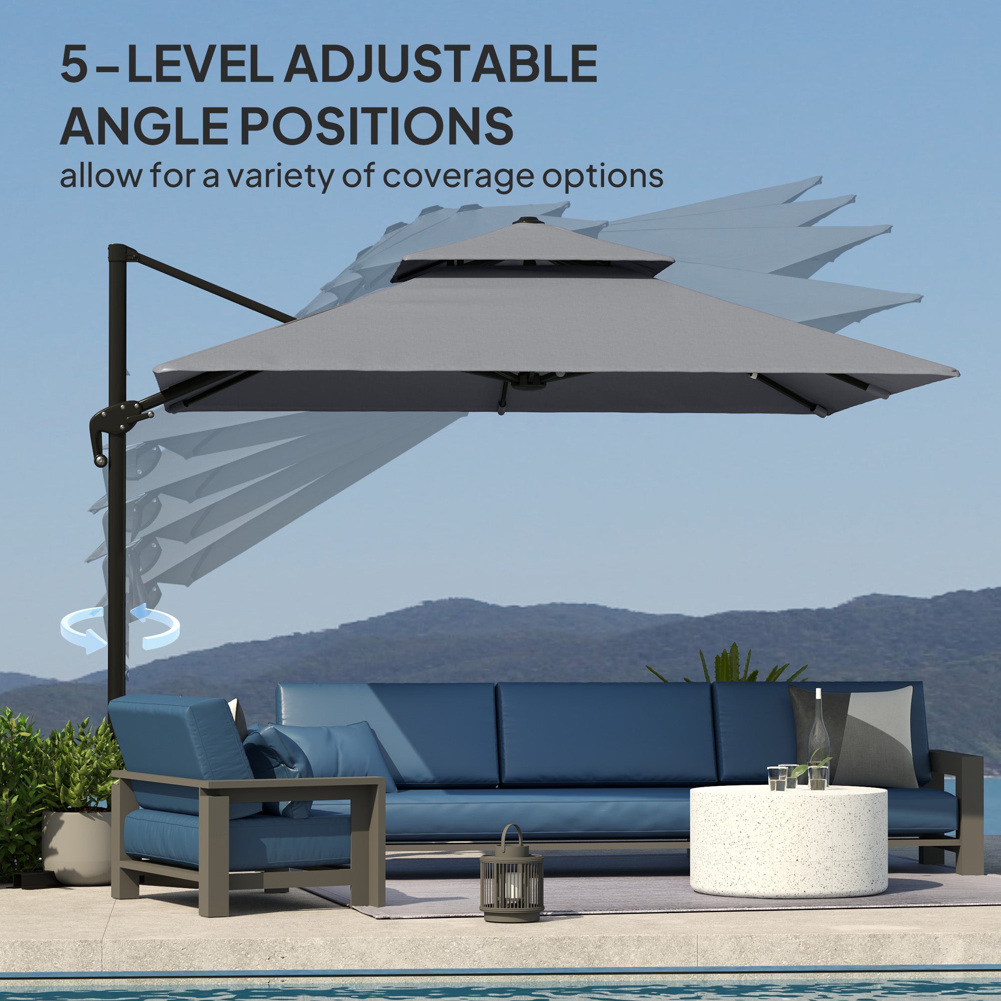 Outsunny 3 x 3(m) Cantilever Parasol with Aluminium Frame, Crank and Tilt, 360° Rotation, Double Top Garden Umbrella with Base and Cover, Light Grey - North Peak Garden Furniture
