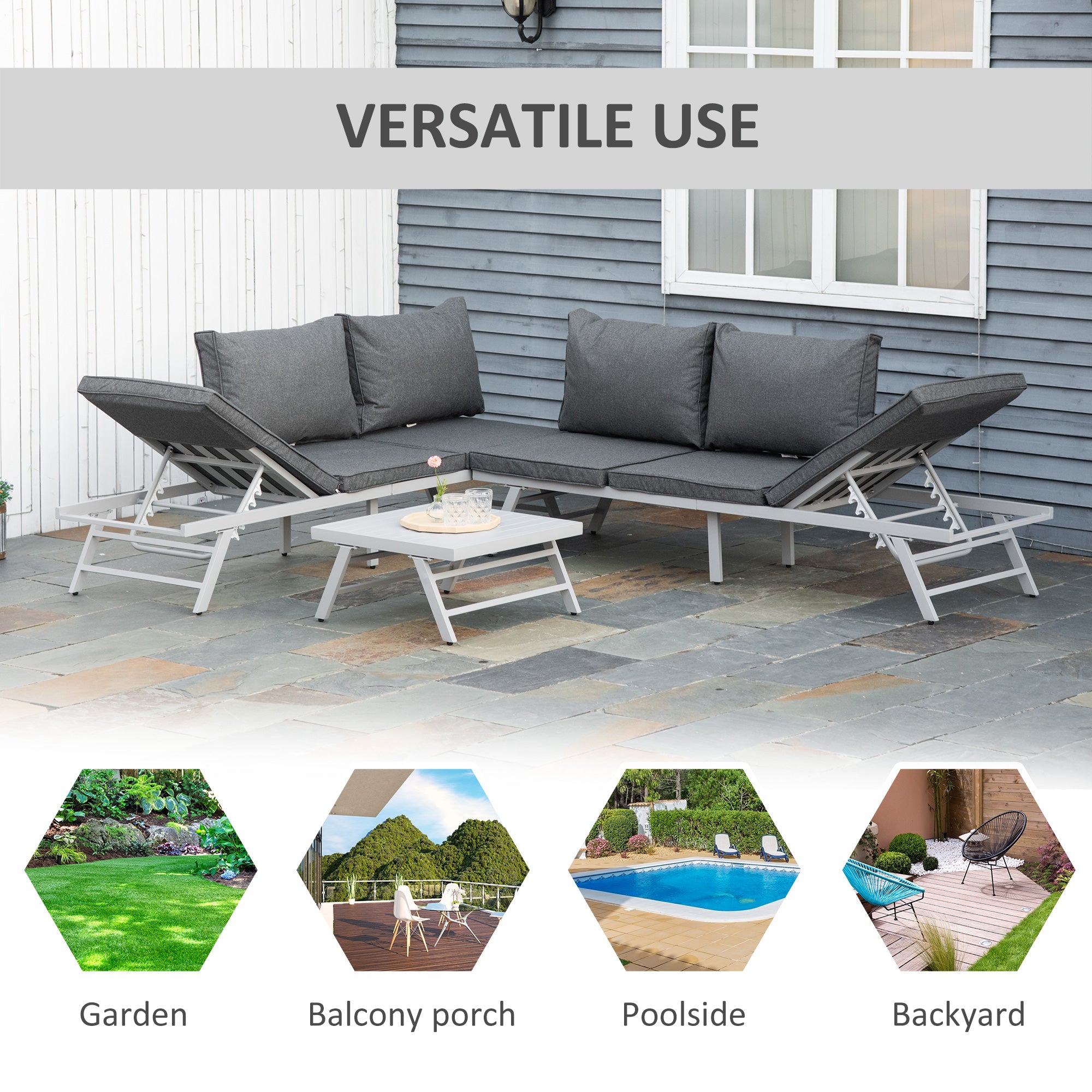Outsunny 3 Pieces Garden Furniture Sets, 6 Seater Corner Sofa Set with Adjustable Backrest Chase Lounge with Slatted Metal Top Table, Padded Cushion, Grey - North Peak Garden Furniture