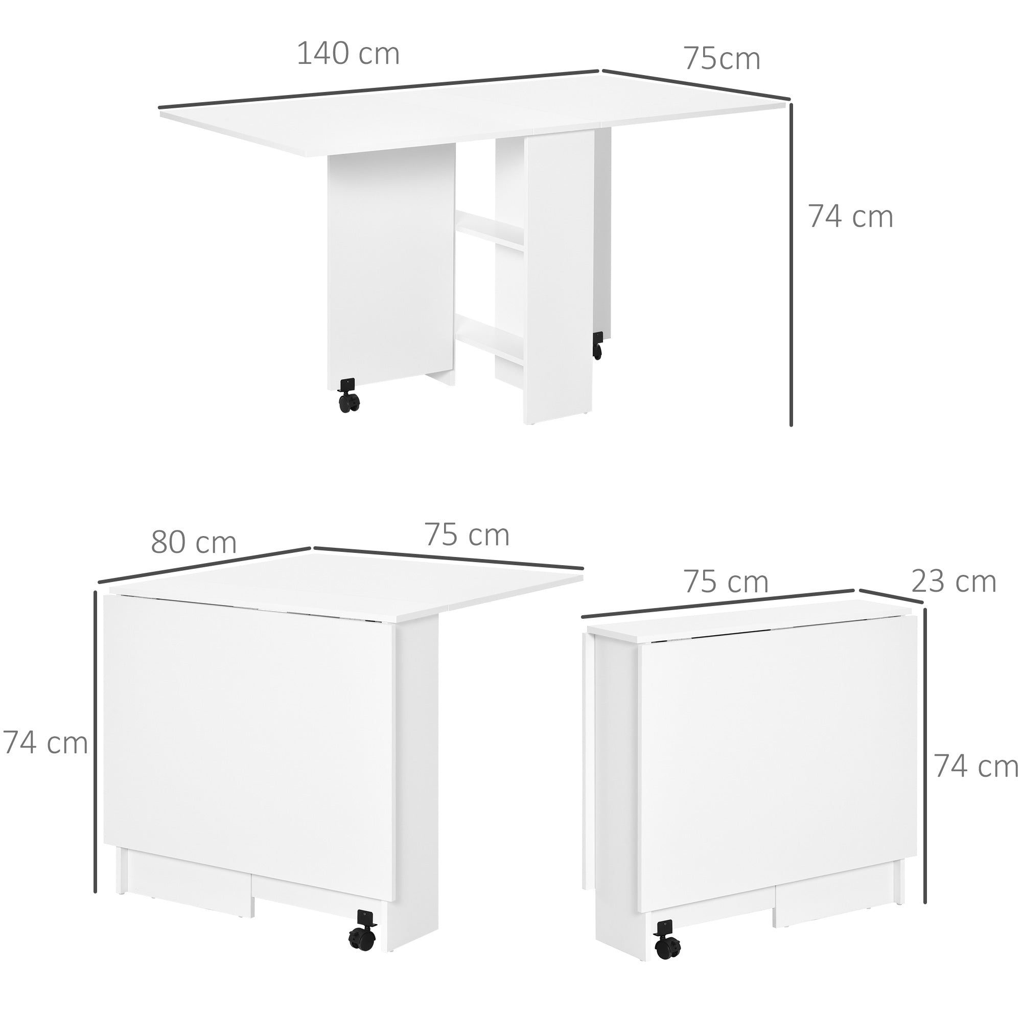 HOMCOM Folding Dining Table, Drop Leaf Table for Small Spaces with 2-tier Shelves, Small Kitchen Table with Rolling Casters, White - North Peak Garden Furniture