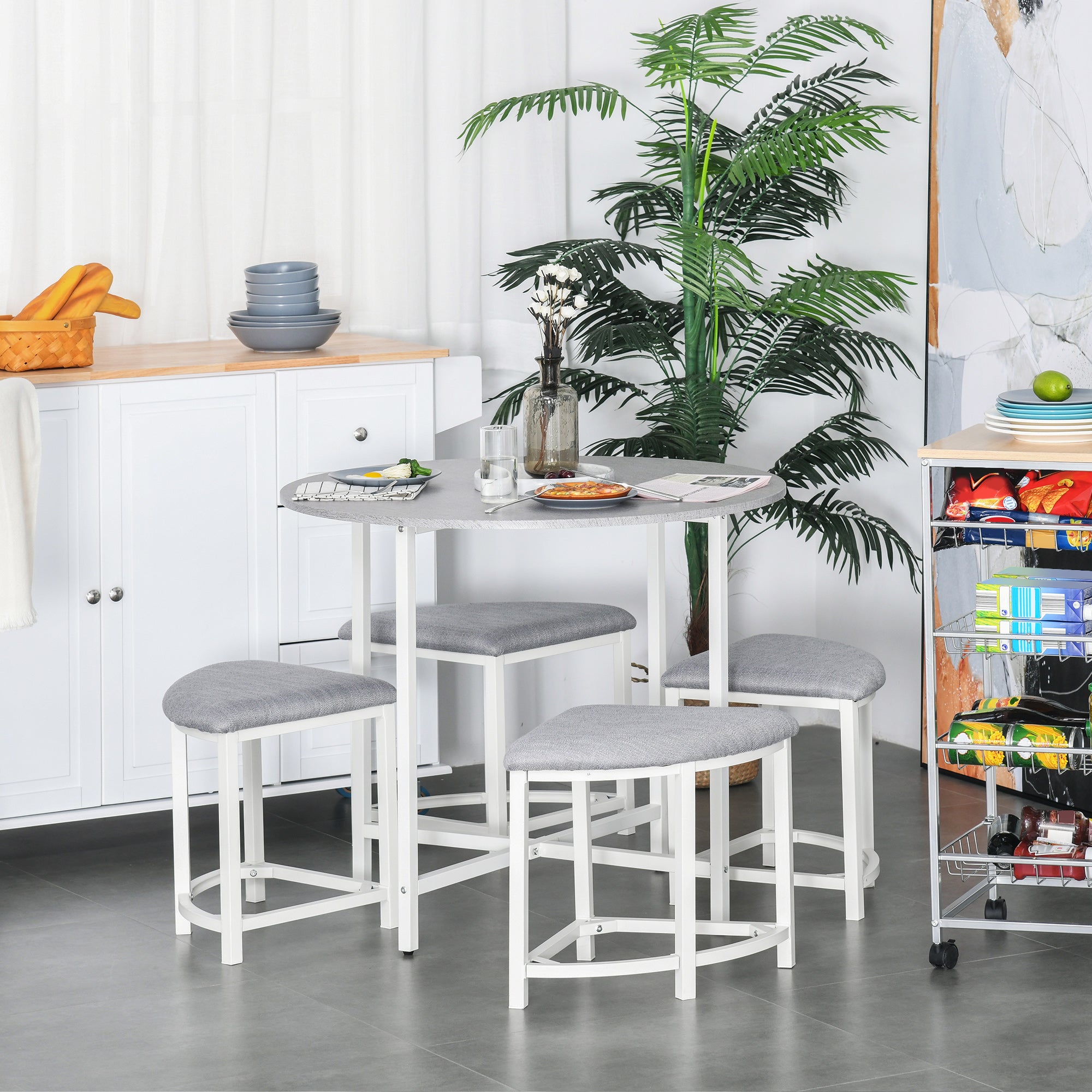 HOMCOM Modern Round Dining Table Set with 4 Upholstered Stools for Dining Room, Kitchen, Dinette - North Peak Garden Furniture