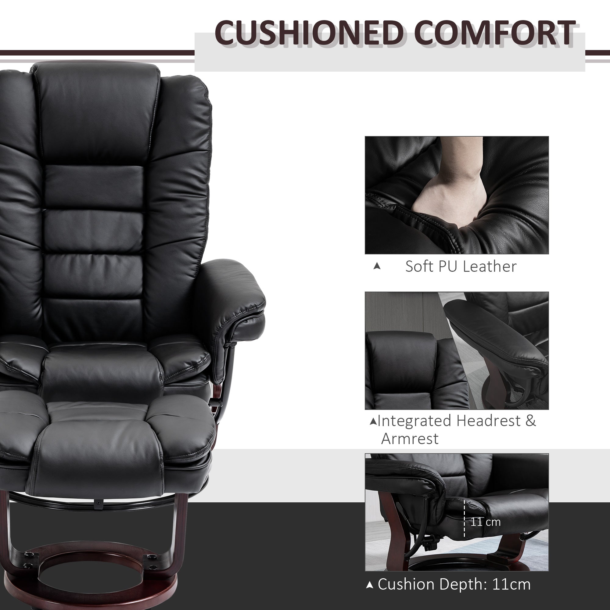 HOMCOM Manual Recliner and Footrest Set PU Leather Leisure Lounge Chair Armchair with Swivel Wood Base, Black - North Peak Garden Furniture