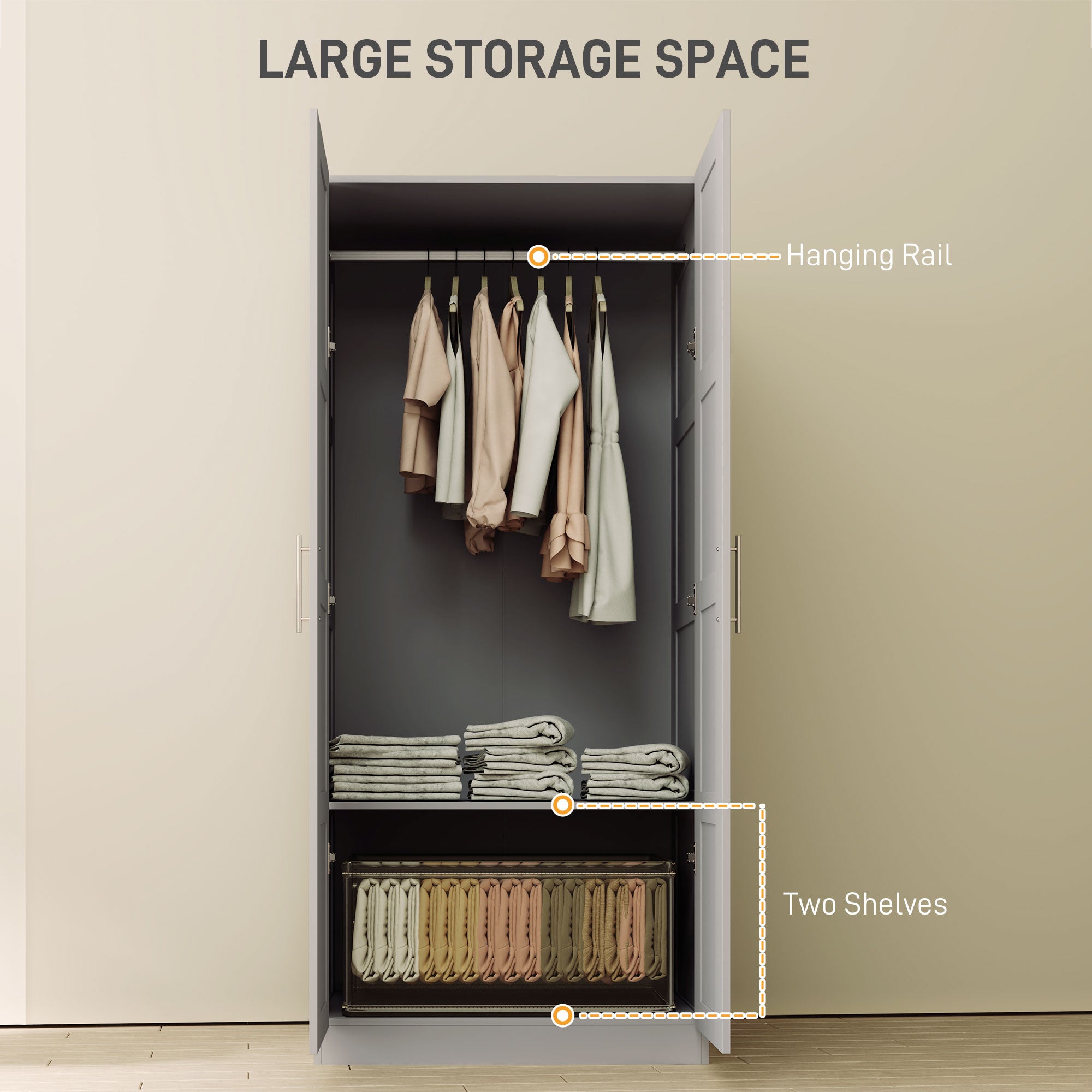 HOMCOM Double Paneled Door Wardrobe, with Shelves - Grey - North Peak Garden Furniture
