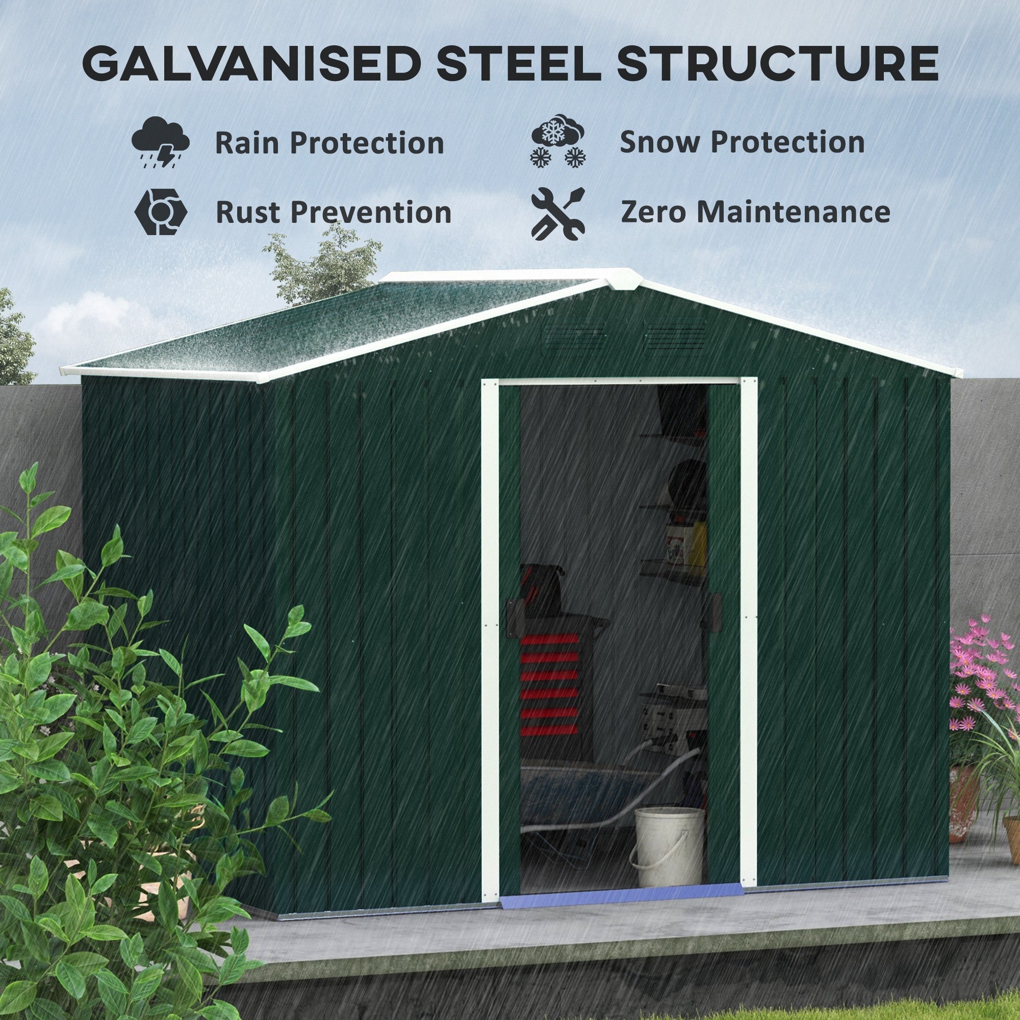 Outsunny 7.7 x 5.7ft Metal Garden Shed with Ventilation Slots and Sliding Doors, Galvanised Outdoor Tool Storage House, Green - North Peak Garden Furniture