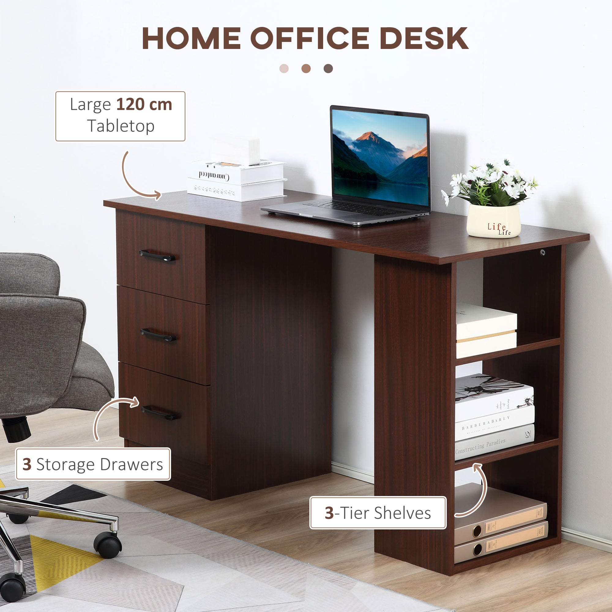 HOMCOM Computer Desk, Writing Table, PC Workstation with 3 Storage Shelves and Drawers, Black Handle, for Home Office, Walnut Brown - North Peak Garden Furniture