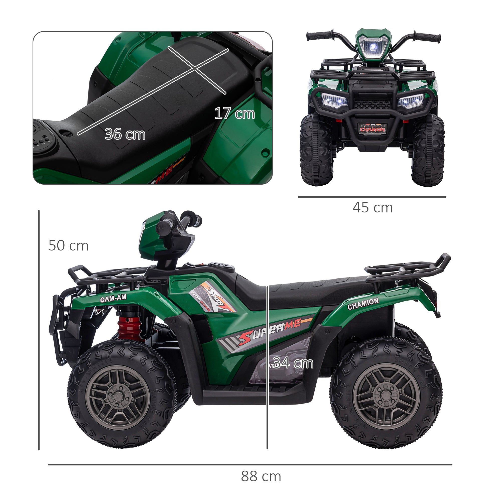 HOMCOM 12V Kids Quad Bike with Forward, Reverse Functions, Ride-On ATV w/ Music, LED, Headlights, for Ages 3-5 Years - Green