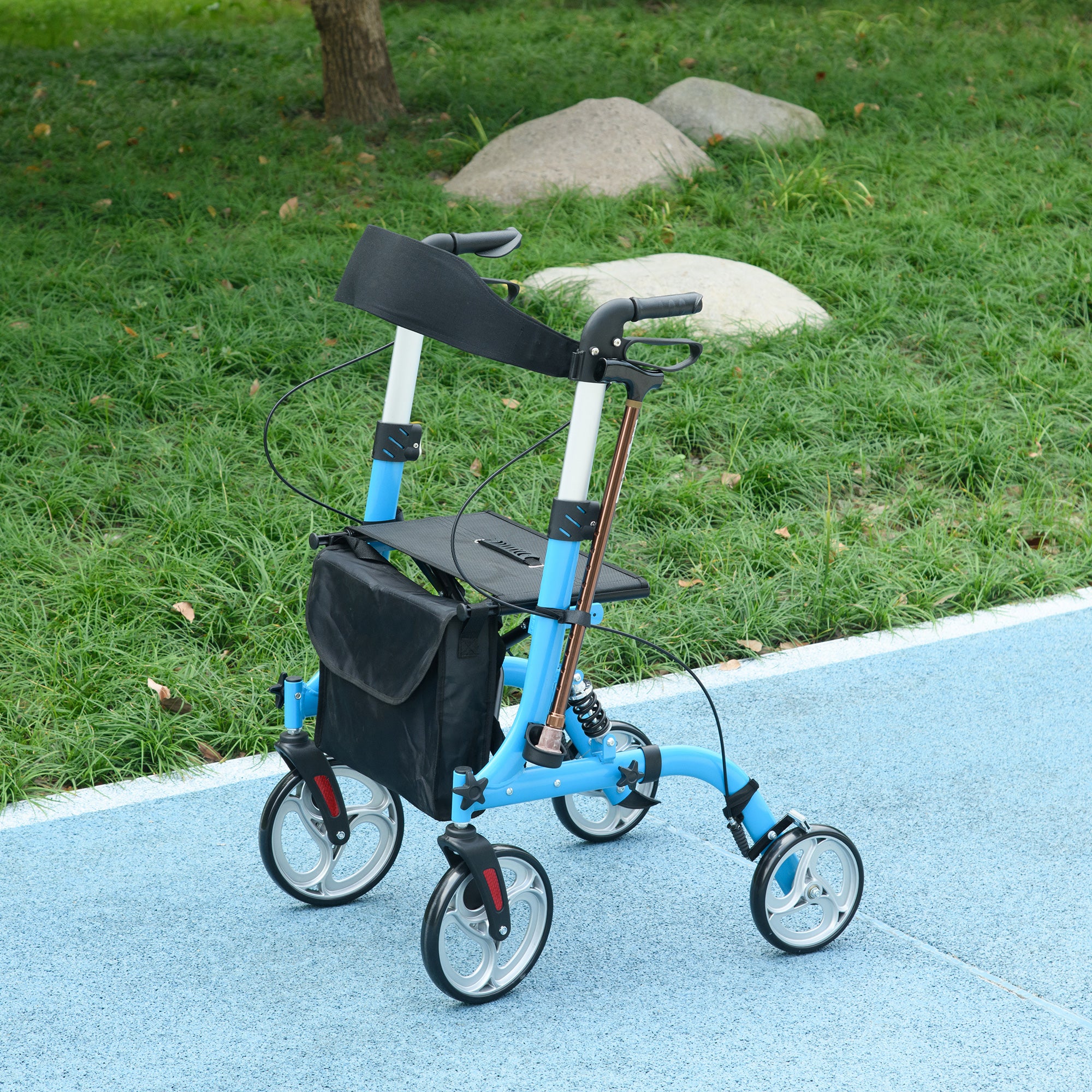 HOMCOM 4 Wheel Rollator with Seat and Back, Lightweight Folding Mobility Walker with Large Wheels, Carry Bag, Adjustable Height, Aluminium Walking Frame with Dual Brakes for Seniors, Blue - North Peak Garden Furniture