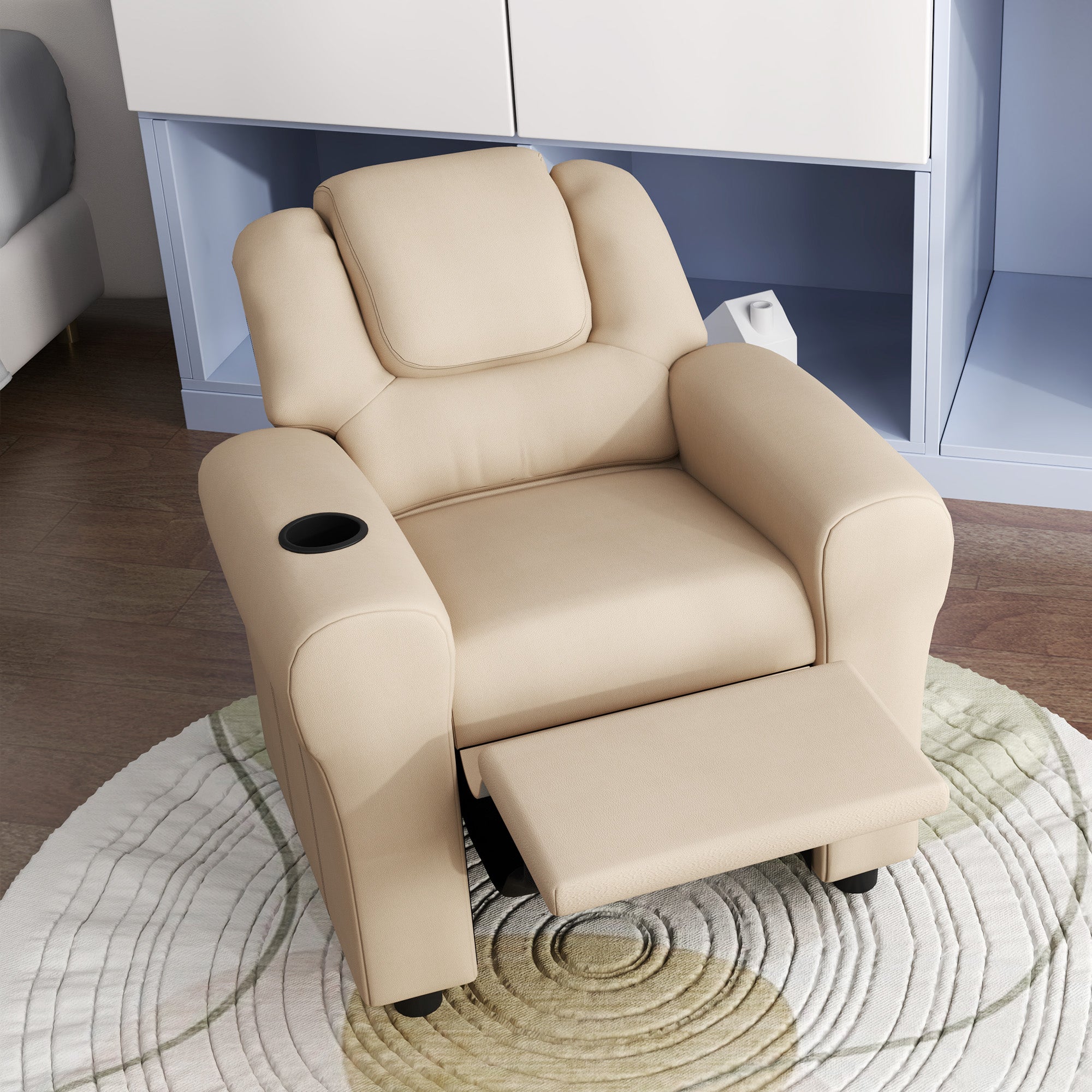 HOMCOM Kids Recliner Chair, PU Leather with Adjustable Backrest, Footrest, Padded Headrest, Beige - North Peak Garden Furniture