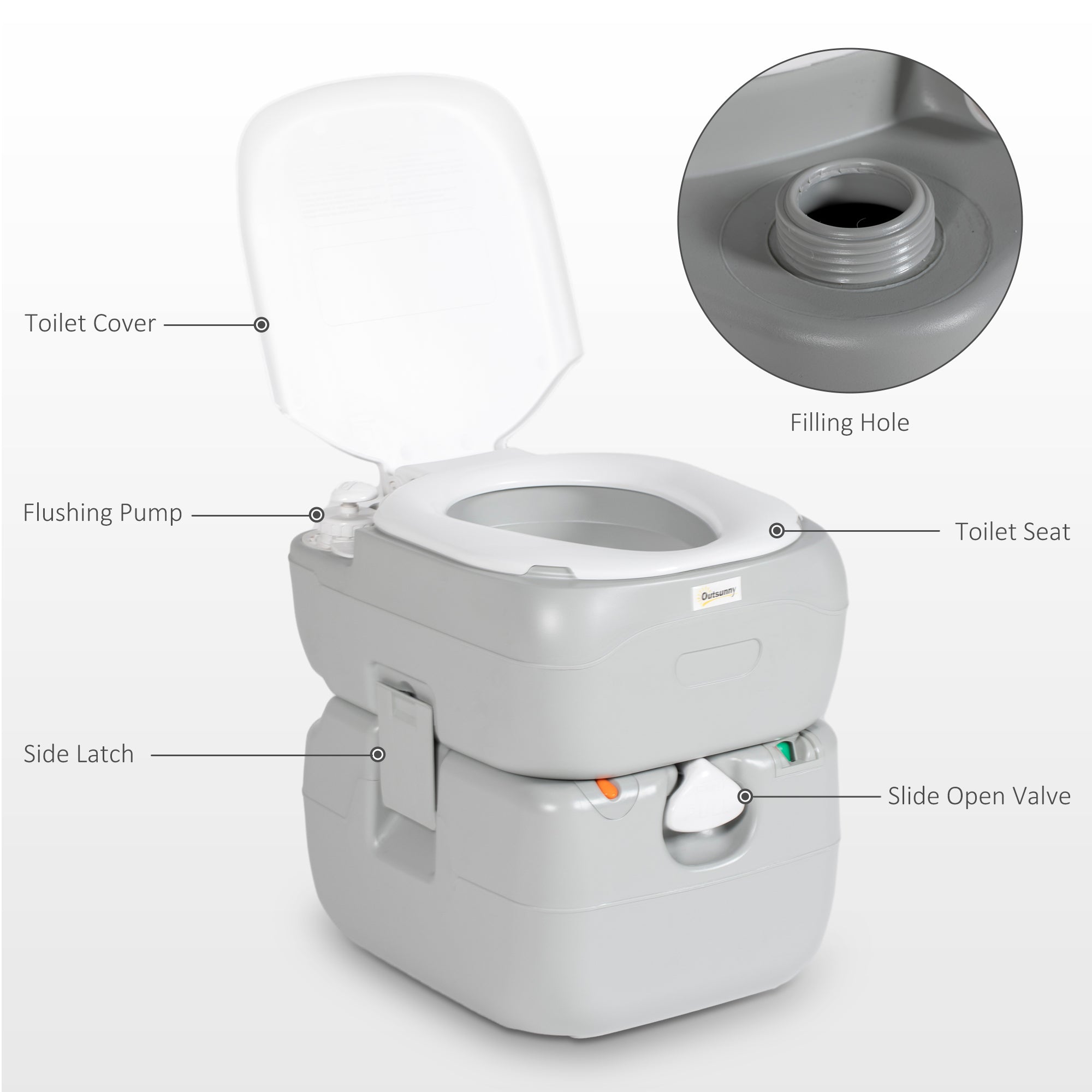 Outsunny Portable Toilet for Adults, 22L Camping Toilet with Seat, Lid and Anti-Leak Handle Pump, Outdoor Travel Toilet with Detachable Tanks for Camping, Boating, Hiking, Travel, RV, Grey - North Peak Garden Furniture