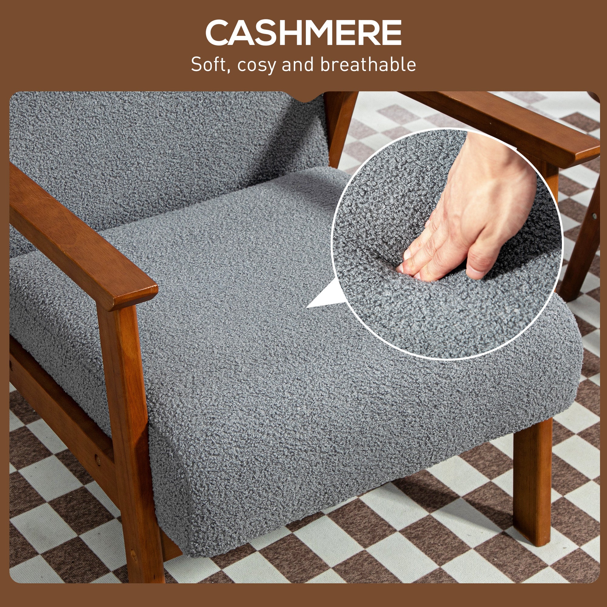 HOMCOM Armchair with Wide Seat, Boucle Accent Chair, Thick Padded Occasional Chair with Solid Wood Frame for Living Room Bedroom Home Office Reception Balcony, Grey - North Peak Garden Furniture