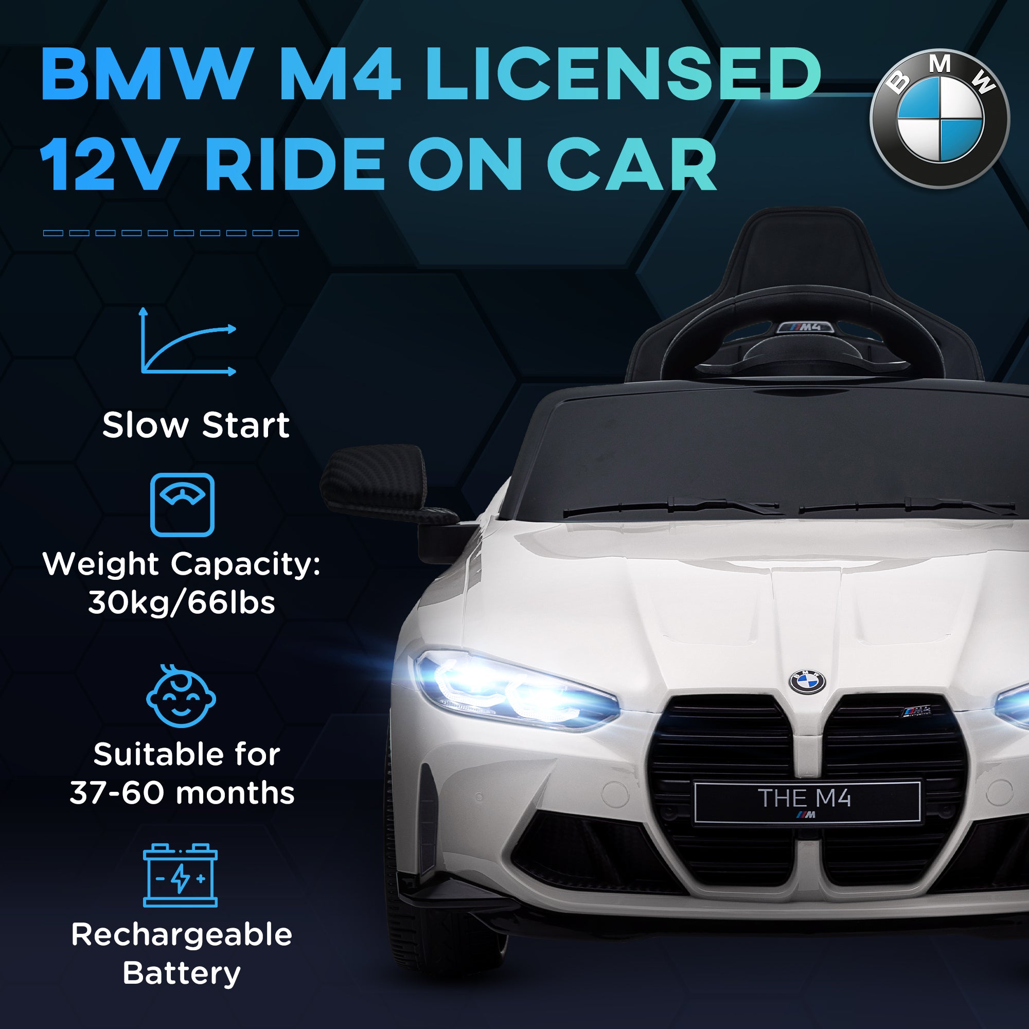 AIYAPLAY 12V BMW Licensed Kids Car, with Easy Transport, Remote Control, Suspension, Music, Horn, LED Lights, White