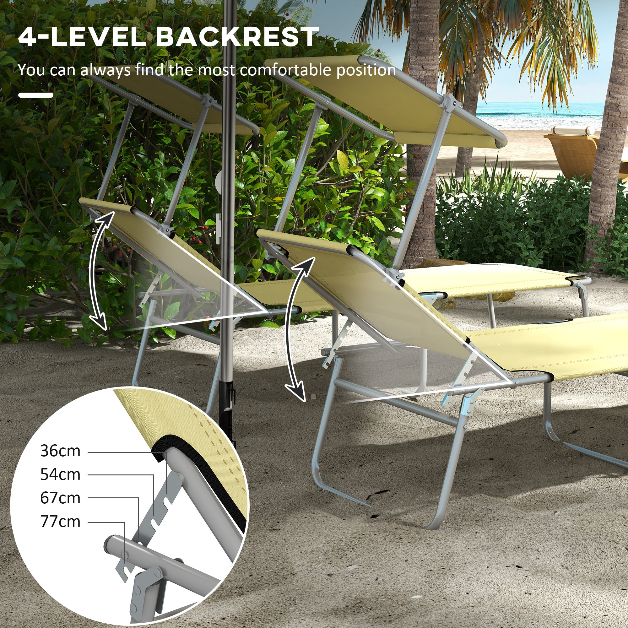 Outsunny Outdoor Foldable Sun Lounger Set of 2, 4 Level Adjustable Backrest Reclining Sun Lounger Chair with Angle Adjust Sun Shade Awning for Beach, Garden, Patio, Beige