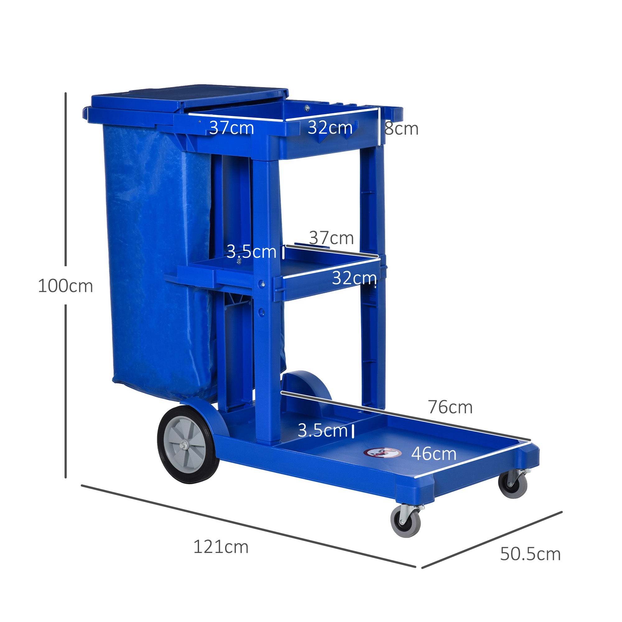 HOMCOM Janitor Cleaning Trolley, with Bin, Shelves and Hooks - Blue - North Peak Garden Furniture