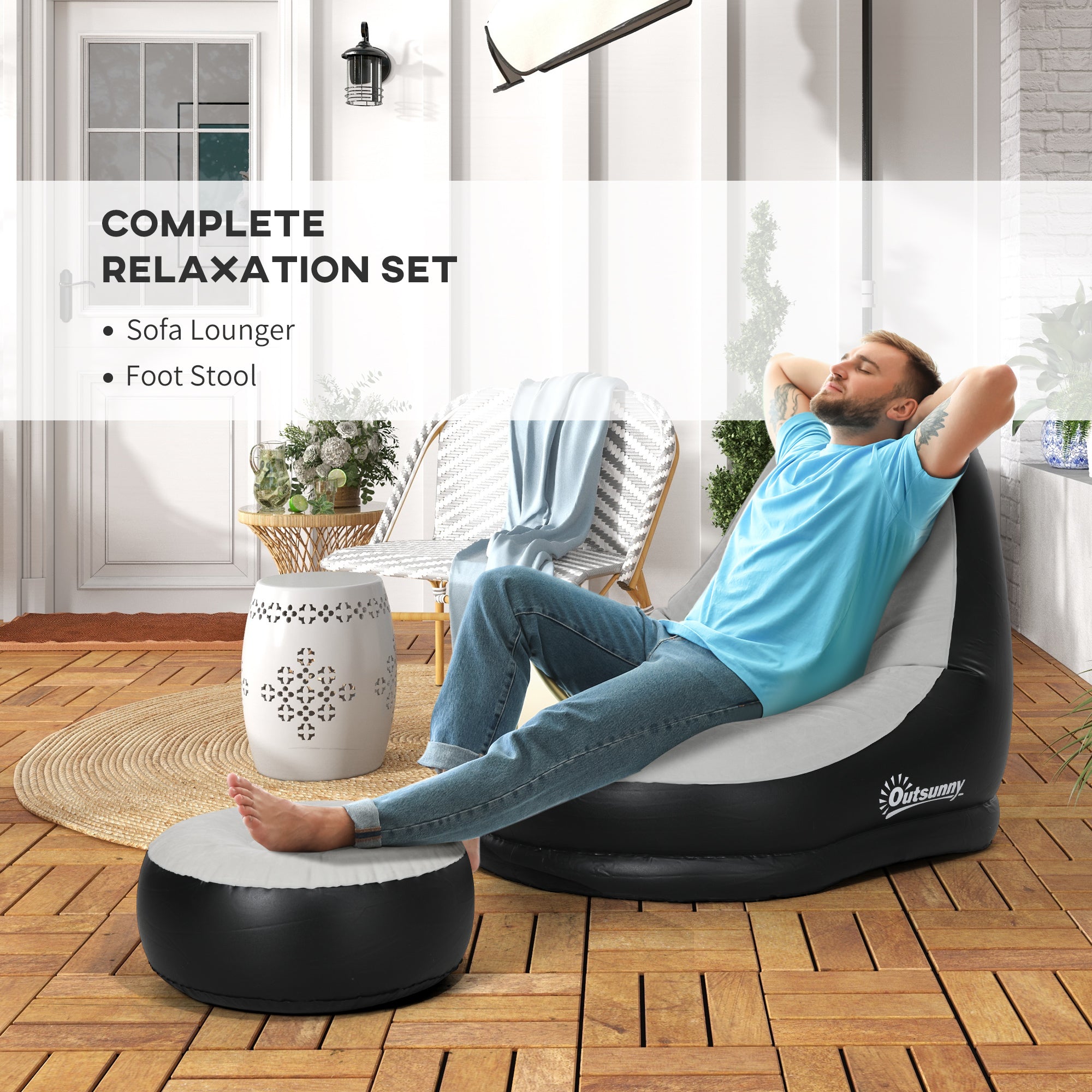 Outsunny Inflatable Sofa Chair and Foot Stool Set with Cup Holder, for Gaming, Reading and Movie Watching, Grey - North Peak Garden Furniture