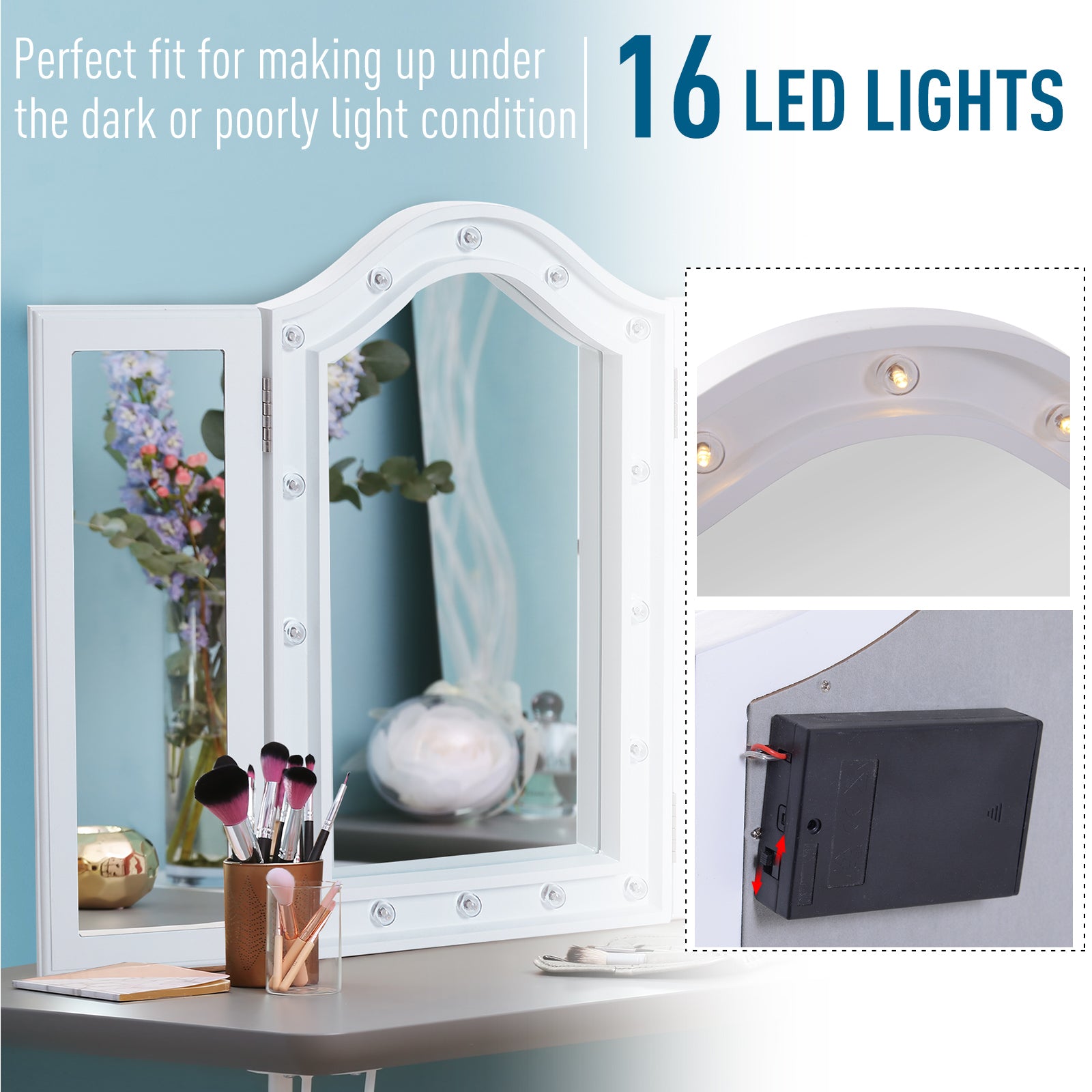 HOMCOM Trifold Freestanding Mirror, Lighted Tabletop Vanity Mirror Large Cosmetic w/16 LED Lights powered by batteries Foldable For Bedroom- White - North Peak Garden Furniture