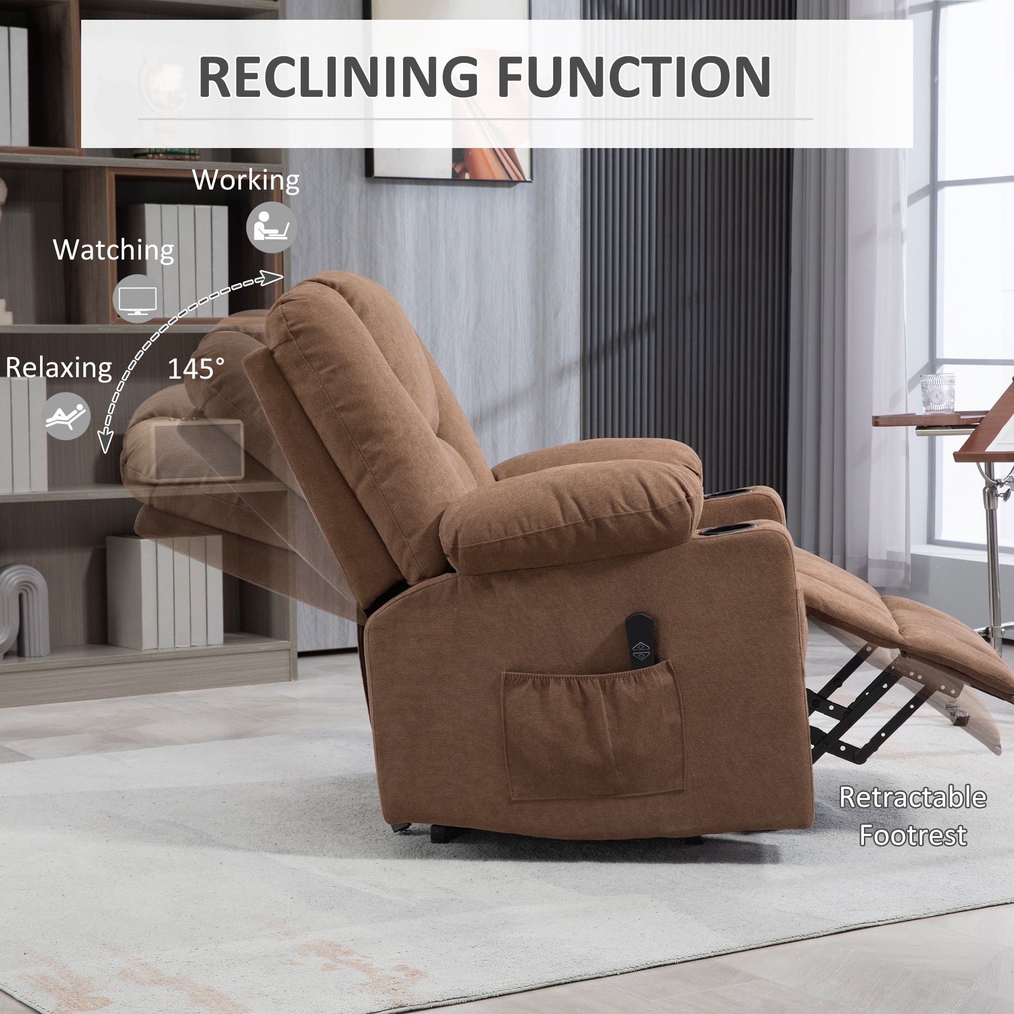 HOMCOM Oversized Riser and Recliner Chairs for the Elderly, Fabric Upholstered Lift Chair for Living Room with Remote Control, Side Pockets, Cup Holder, Brown - North Peak Garden Furniture