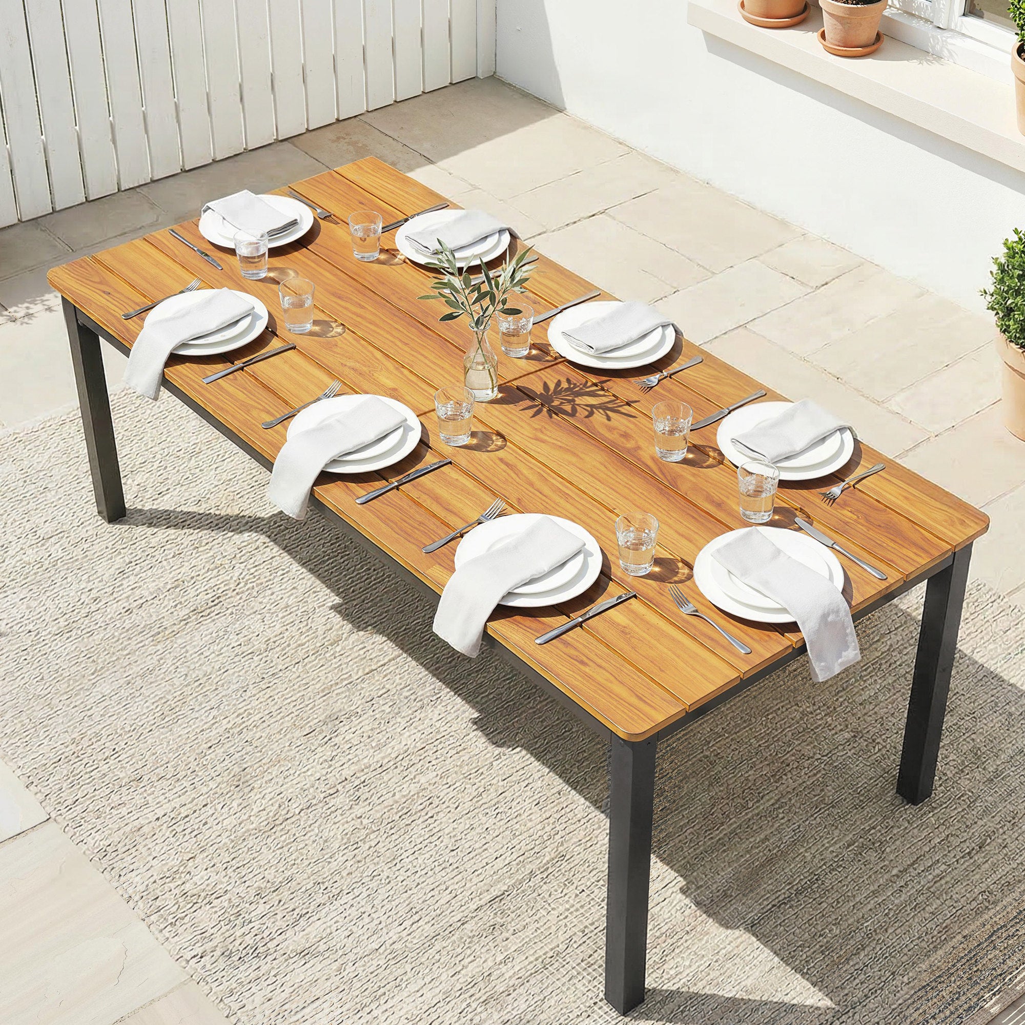 Outsunny Garden Dining Table for 6-8 Person, 180 x 86 cm Rectangular Outdoor Dining Table with Wood Slatted Top, Teak