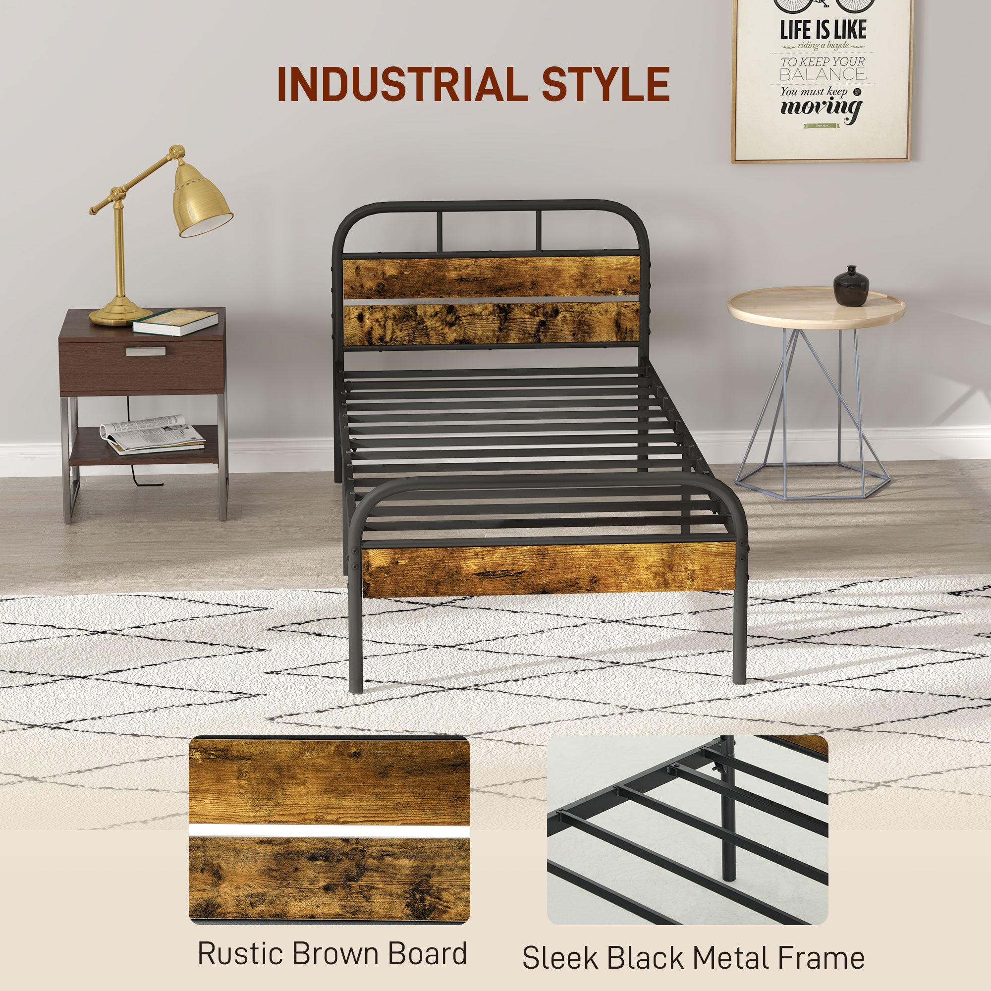 HOMCOM Industrial-Style Single Bed Frame - Black/Brown - North Peak Garden Furniture