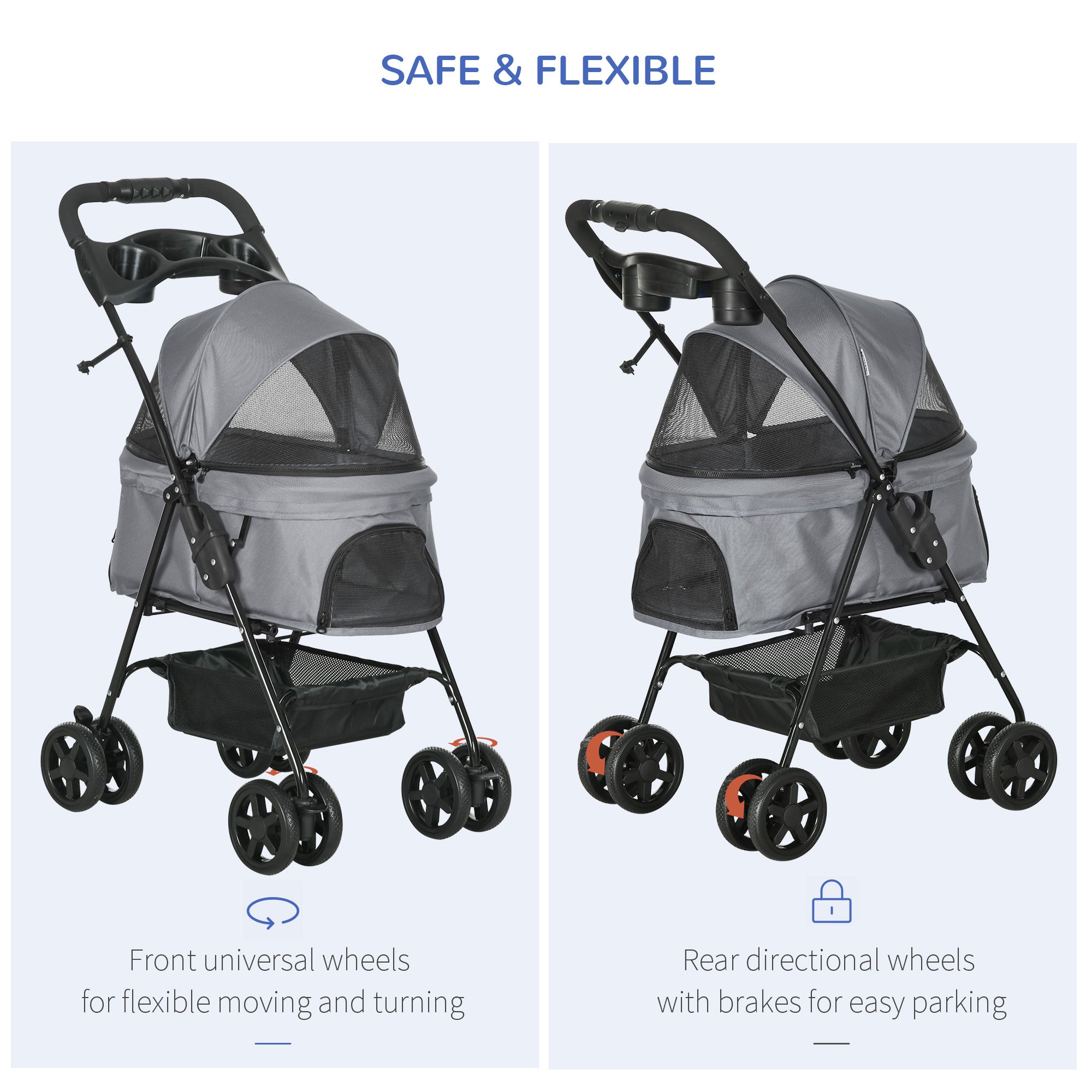 PawHut Dog Stroller with Rain Cover, Dog Pushchair One-Click Fold Trolley Jogger with EVA Wheels Brake Basket Adjustable Canopy Safety Leash for Small Dogs, Grey - North Peak Garden Furniture