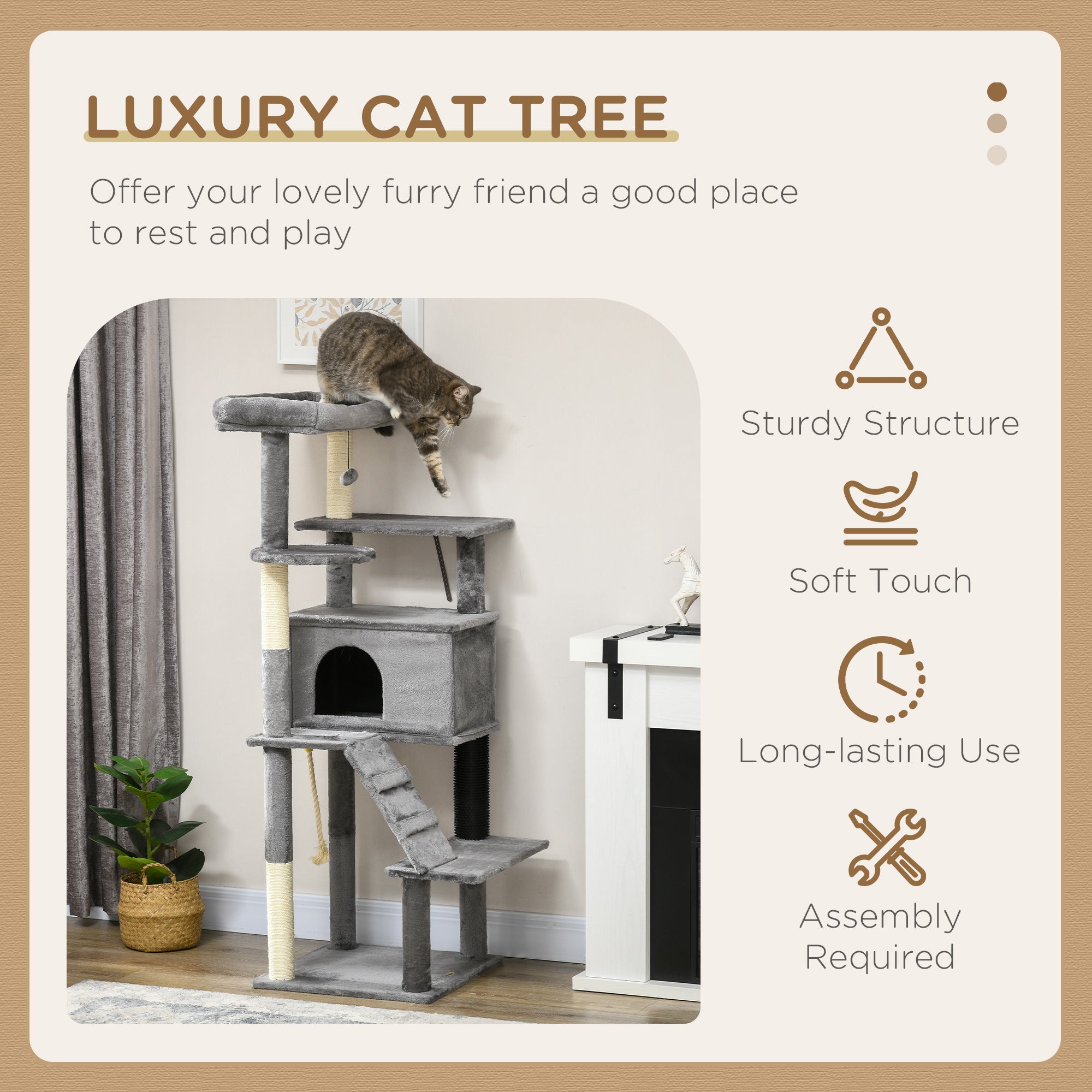 PawHut Cat Tree Tower for Indoor Cats, with Scratching Post, Cat House, Toy, Grey - North Peak Garden Furniture
