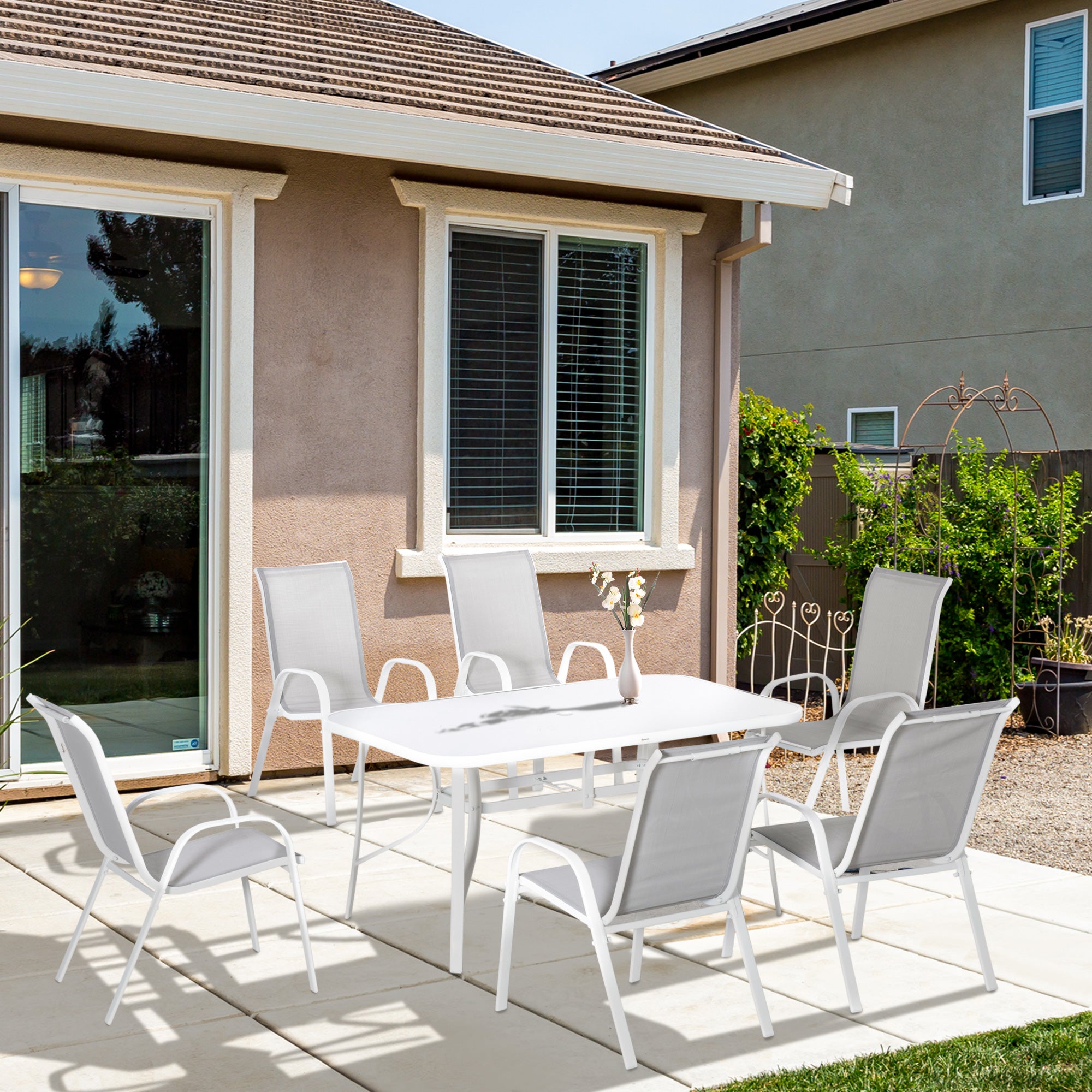 Outsunny 7 Piece Garden Dining Set with Dining Table and Chairs, 6 Seater Outdoor Patio Furniture with Parasol Hole for Backyard, Deck and Balcony, Grey - North Peak Garden Furniture